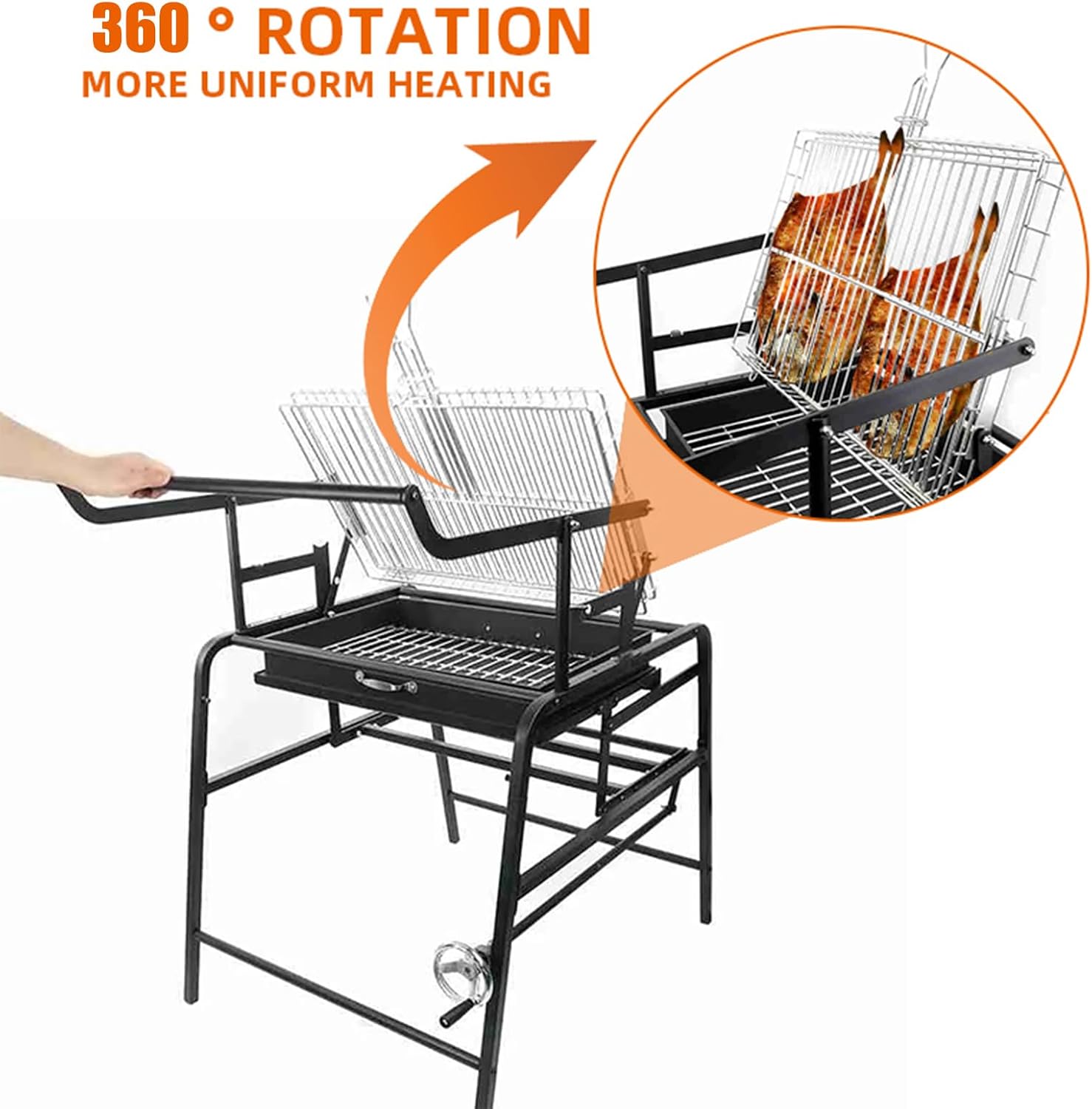 360° Rotating Charcoal Grills portable Charcoal Grills, Stainless Steel Outdoor BBQ Grill, Large Liftable Charcoal Grill, Barbecue Grill Suitable kebab grill for Multiple People