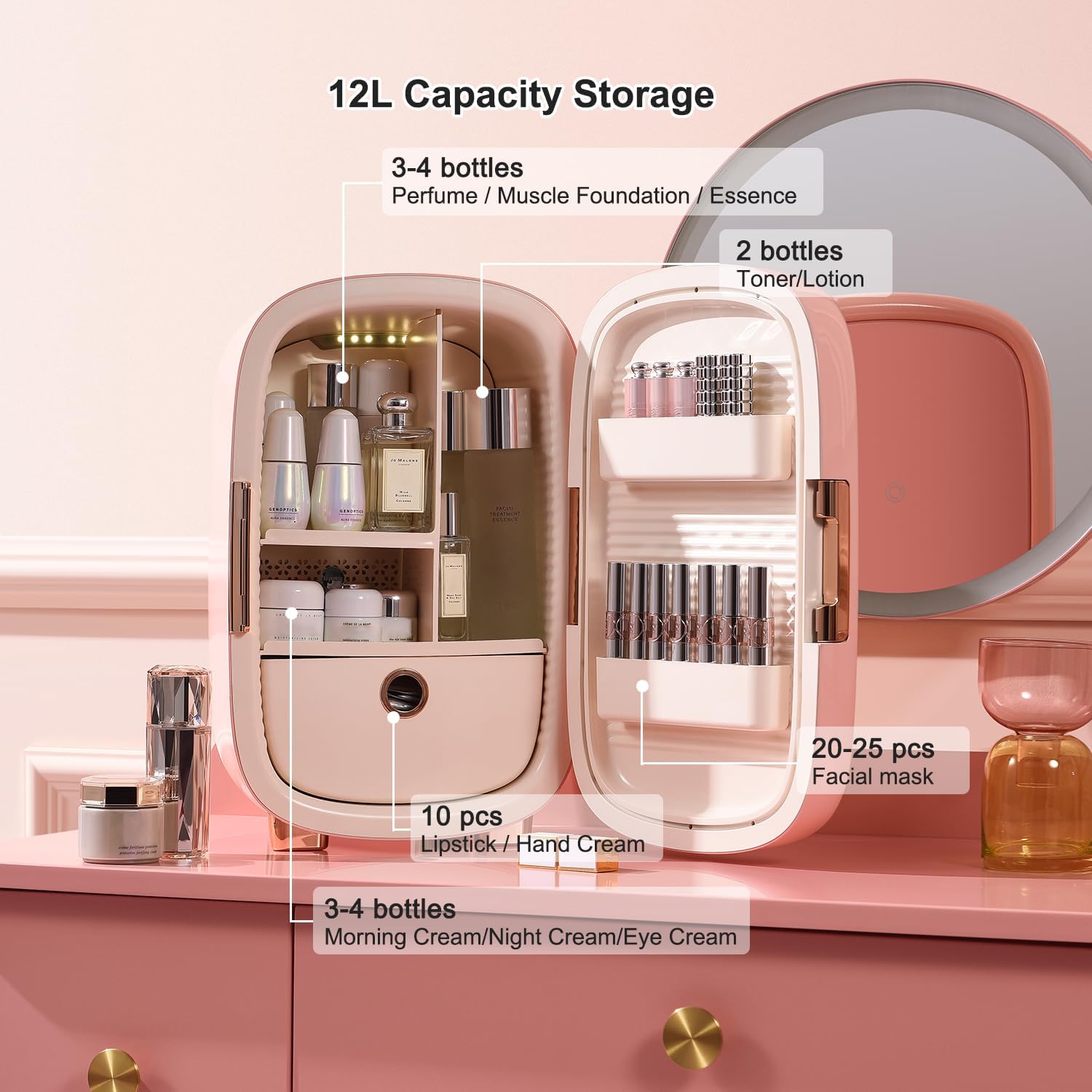 JSTPRO Skincare Fridge 12 Liter, Beauty Fridge for Comestic Storage, 10°C/50°F + Intelligent Constant Temperature Control Mini Compact Pink Cosmetics Refrigerator for Makeup Lipstick