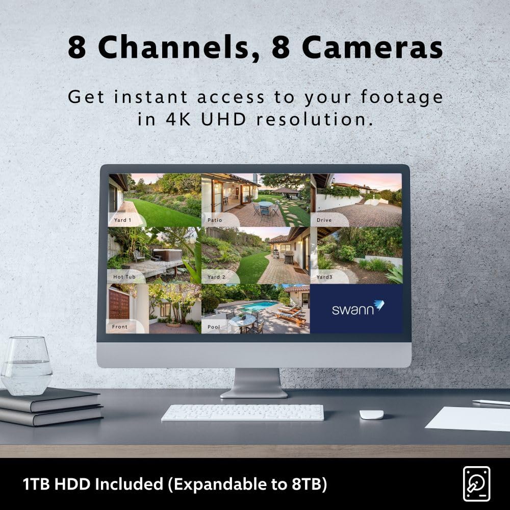 Swann AdvancedX™ Wired NVR 4K Security Camera System, 8 Channels, 8 PoE Dome Cameras Outdoor, 1TB HDD Storage, Color Night Vision, Smart AI Video Analytics/Alerts, Advanced Motion Detect