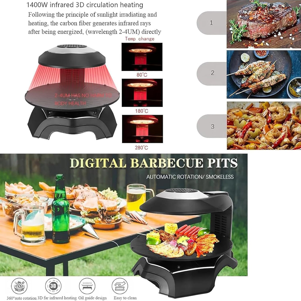 Electric Smokeless Indoor Grill Machine, Electric Griddle, 1~80 Minutes/80-280°C Adjustable/360° Automatic Rotation and Non-Stick, Temperature Control, Timing Function, for Restaurants, Stalls