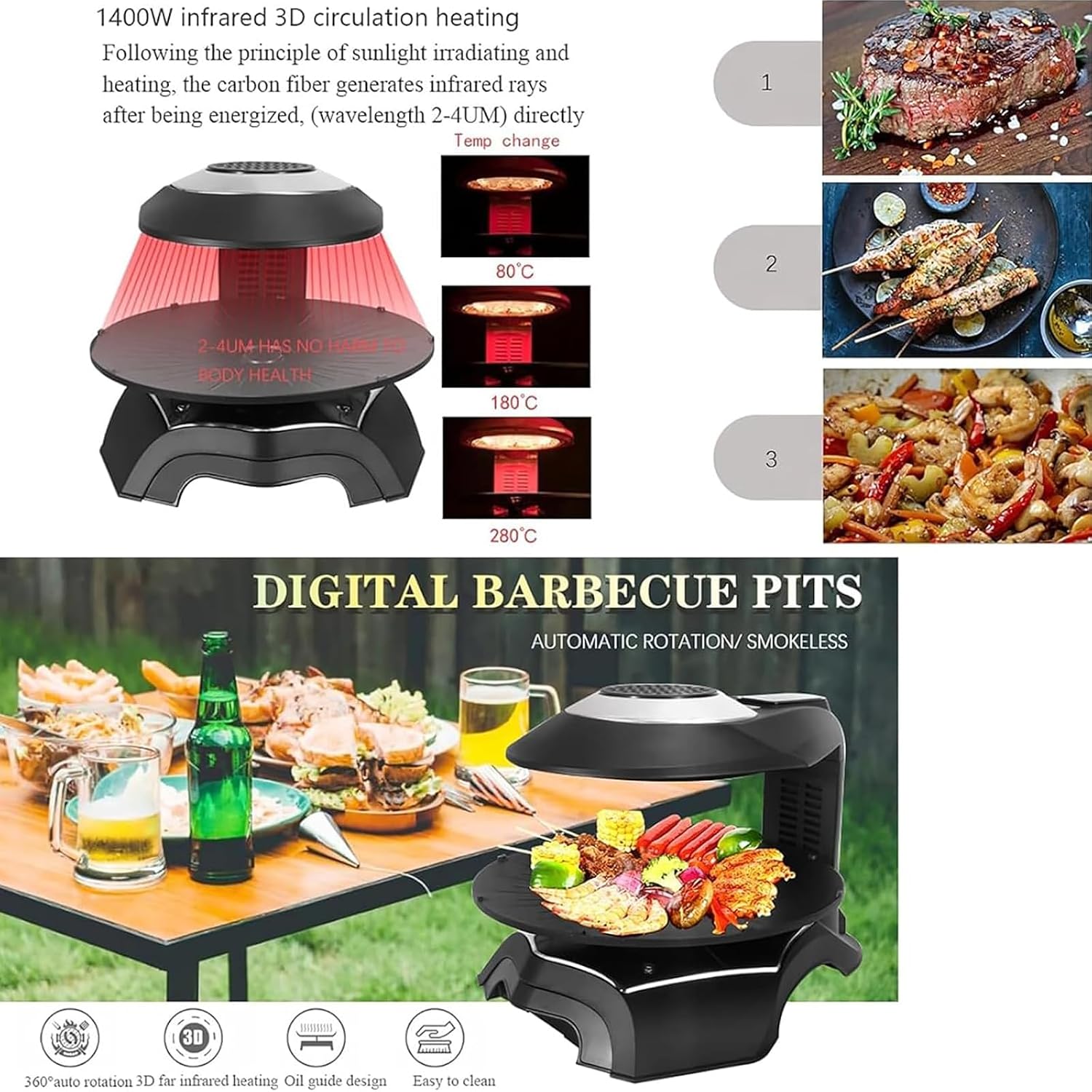 Electric Smokeless Indoor Grill Machine, Electric Griddle, 1~80 Minutes/80-280°C Adjustable/360° Automatic Rotation and Non-Stick, Temperature Control, Timing Function, for Restaurants, Stalls