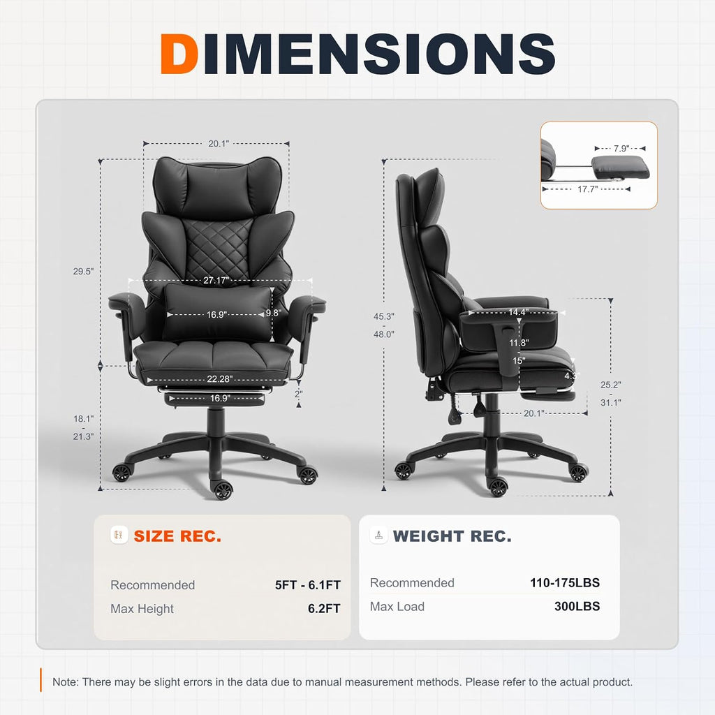 Dowinx Big and Tall Office Chair with Pocket Spring Cushion,High Back Computer Gaming Chairs with Adjustable Armrests,Executive Desk Chairs with Lumbar Support and Footrest,PU Leather-Black
