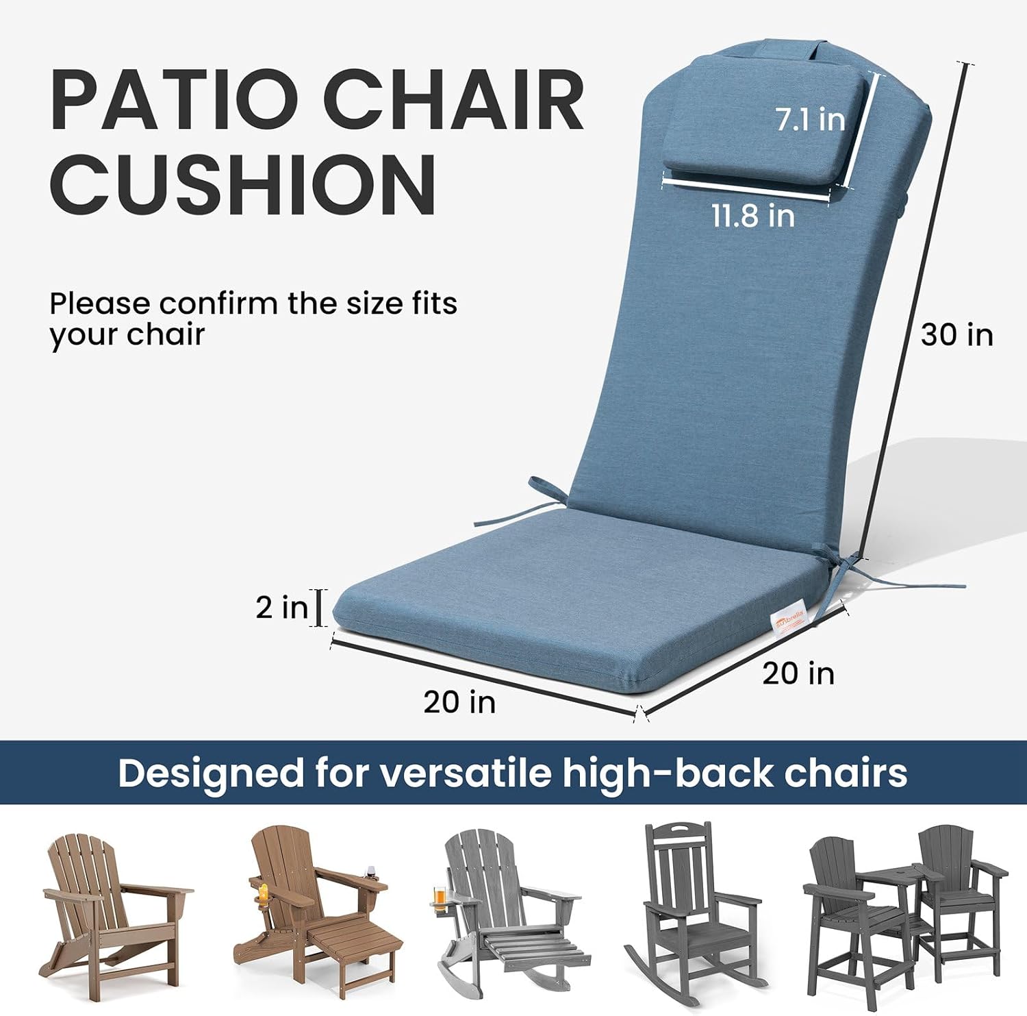 Crestlive 50x20 Inch Sunbrella Adirondack Chair Cushion with Headrest, Water Repellent, Fade Resistant, High Back Rocking Chair Cushion for Patio, Denim Blue