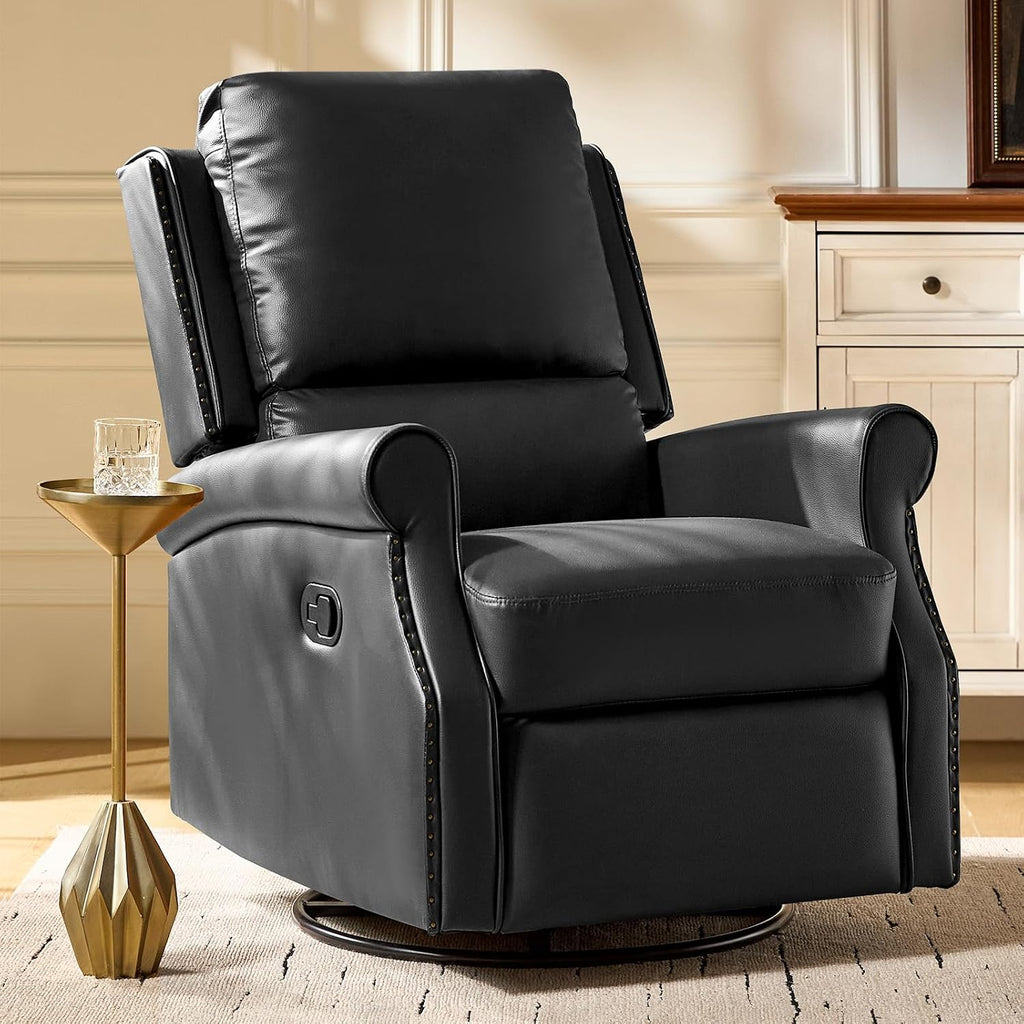 HULALA HOME Faux Leather Swivel Rocker Recliner with Adjustable Backrest and Footrest, Push Back Recliner Chair with Nailhead Trim, 360° Swivel Glider Rocking Chair for Living Room Bedroom, Black