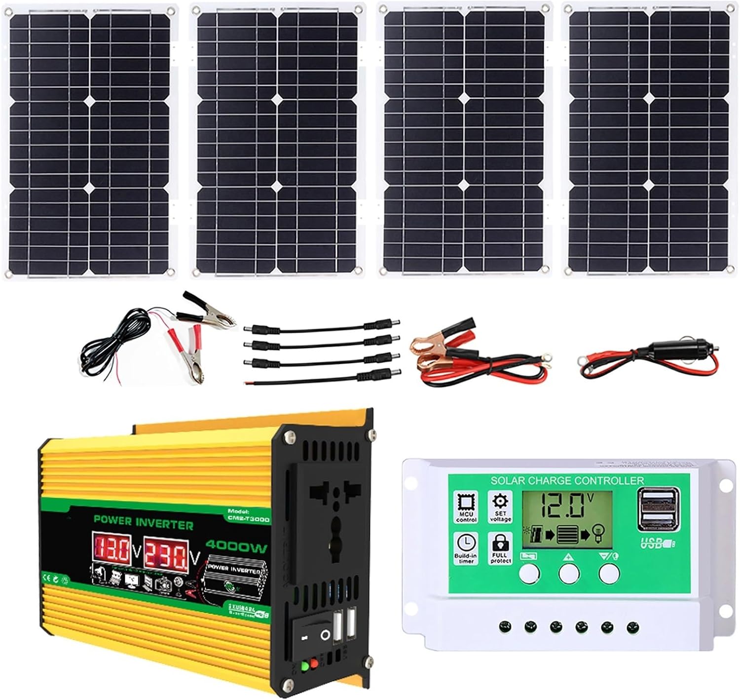 Complete 4000W Solar Inverter Kit with 50A Controller & 100W Panel - Efficient Home & Outdoor Power System, Portable Solar Generator (Yellow, 12V-110V)