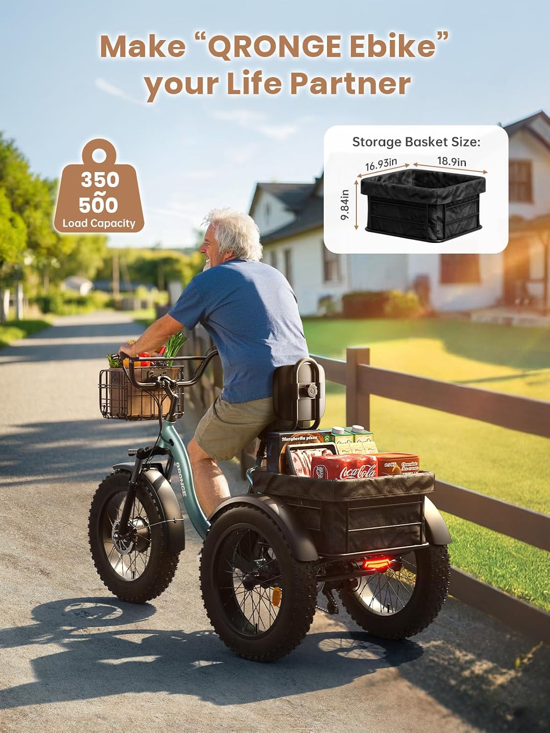 QRONGE Electric Trike for Adults 960W Peak, 36V 15AH Battery Ebike 50 Miles Range with Large Rear Basket, Electric Trike 20'*4' Fat Tire, Max 20MPH 3 Wheel Folding Electric Tricycle for Adults(Lava)