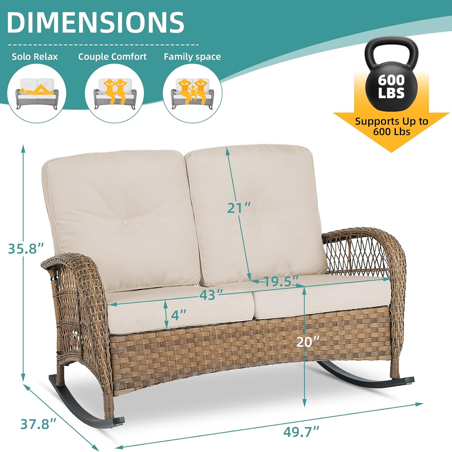 MEETWARM Wicker Patio Rocking Loveseat, Oversized Outdoor Double Rocking Chair with Cushions and High Back，All-Weather 2 Seat Sofa Bench Rocking Wicker Furniture for Garden Balcony Porch, Brown/Beige