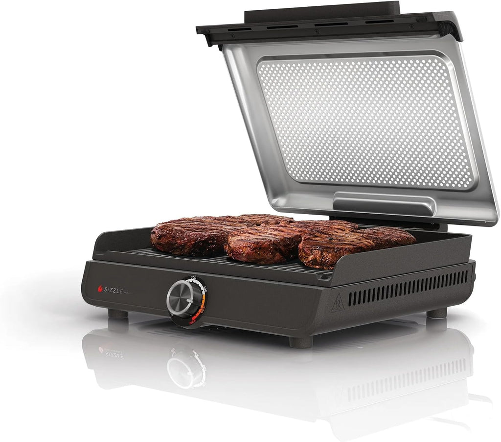 Sizzle GR100 Smokeless Indoor Grill, 500°F High Heat Kitchen Grill with Nonstick 14-Inch Plate, Low-Smoke Technology, Edge-to-Edge Heating, Family-Sized Capacity, Countertop Cooking Tool.