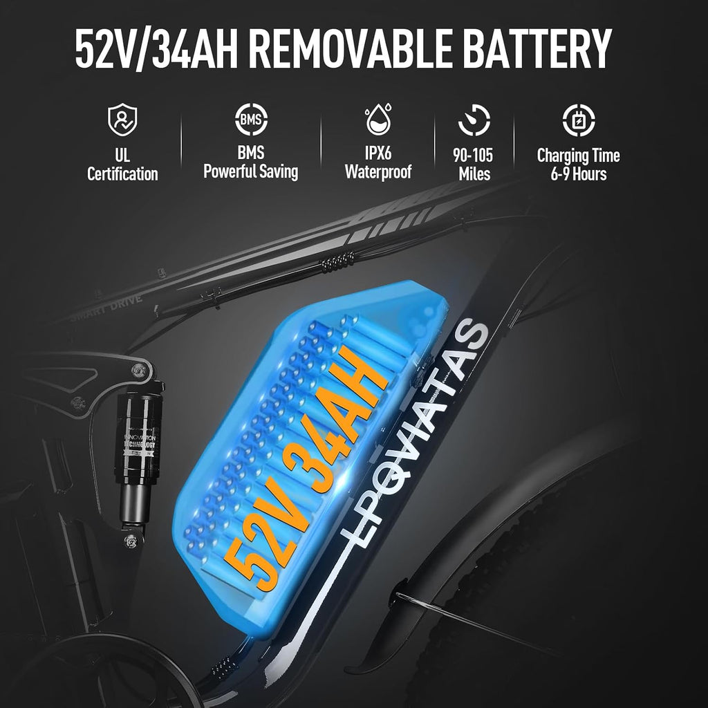 Peak-9000W-Dual-Motor-Ebike Adults Men, 52V 34Ah 1768Wh Battery,24' x 4.0' Fat-Tire- Electric-Mountain-Bicycle 47MPH Full-Lockable-Suspension-Ebike 105 Miles Range Hydraulic Disc Brake