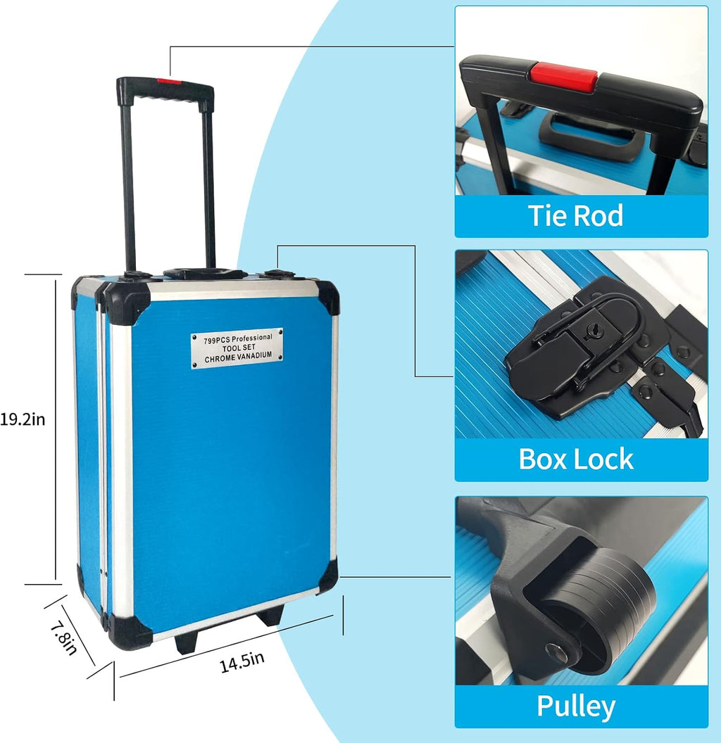 Arcwares 799pcs Aluminum Trolley Case Tool Set Silver, House Repair Kit Set, Household Hand Tool Set, with Tool Belt