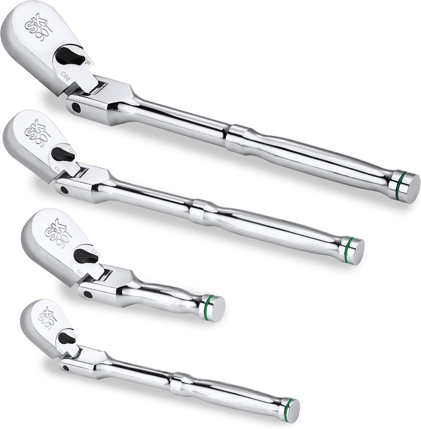 SK 4-Piece Flex-Head Ratchet Set, 1/4', 3/8', 1/2' Drive Ratchet, 90-Tooth, Premium CR-V Construction, Reversible Design, with Contoured Handle