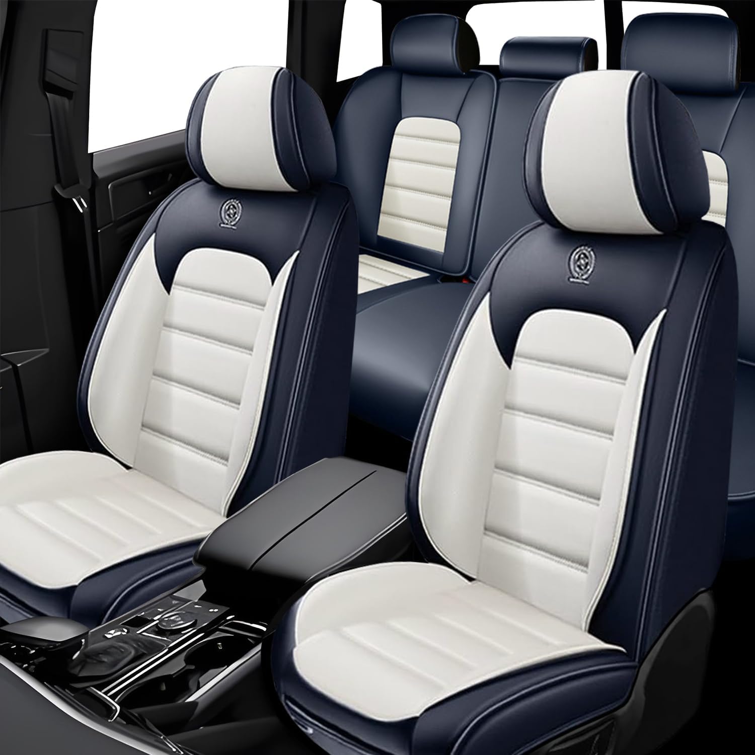 5 Seat Covers for Toyota Corolla Cross 2010-2025 2026 Leather Car Seat Covers Waterproof Anti-Slip Car Seat Protectors Comfort Automotive Seat Covers with Airbag（Standard,White+Blue）