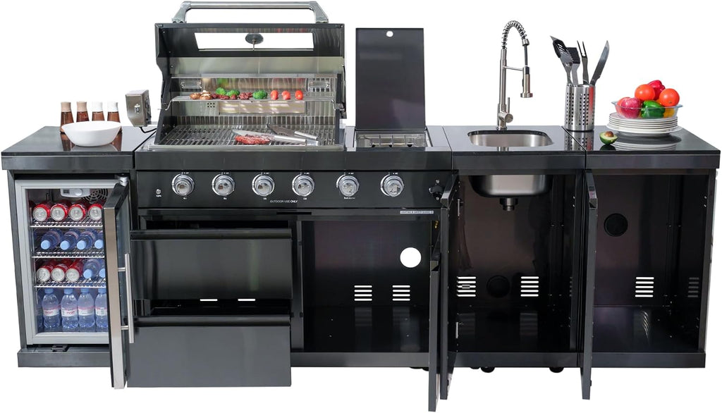 104' Natural Gas Outdoor Kitchen Island - 46-Inch 4-Burner 72,000 BTU Deluxe Stainless Steel Grill Wine Cooler Compact Refrigerator Rotisserie Granite Countertops Stainless steel Sink,Black