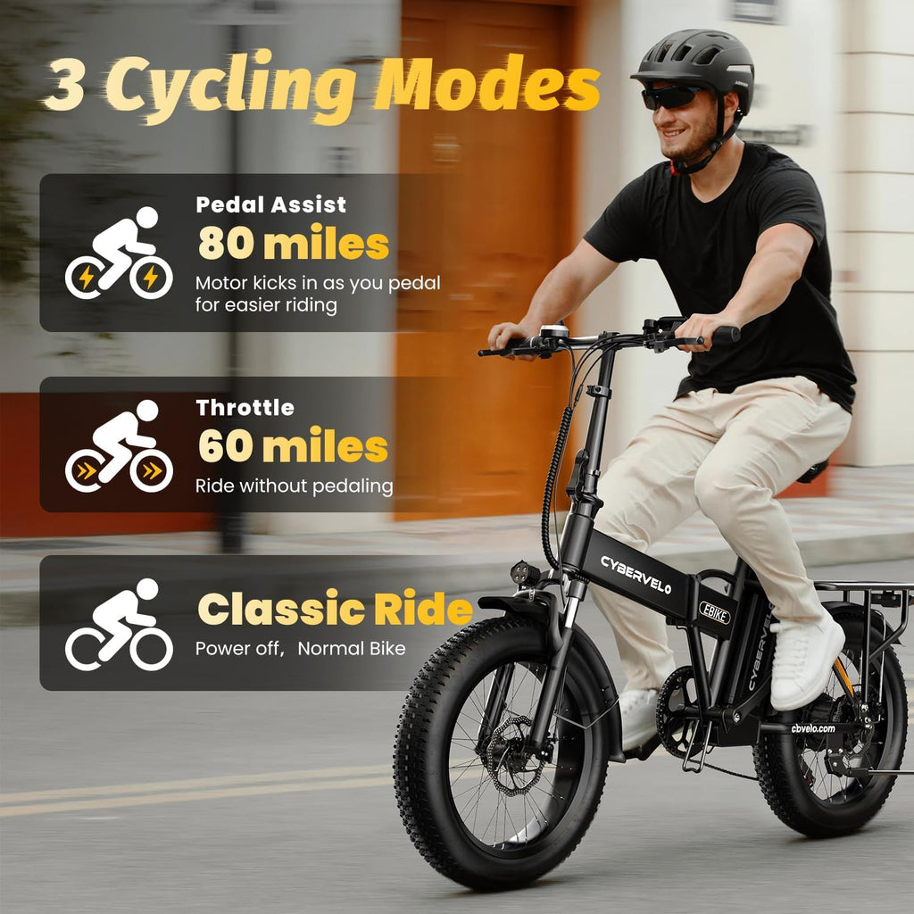 Cybervelo 750W Folding Electric Bike, 48V 20.8AH/50AH Large Removable Battery E-Bike, 80 Miles Max Range, 20' Fat Tire Electric Bike for Adults, Adult Electric Bicycles for Commute
