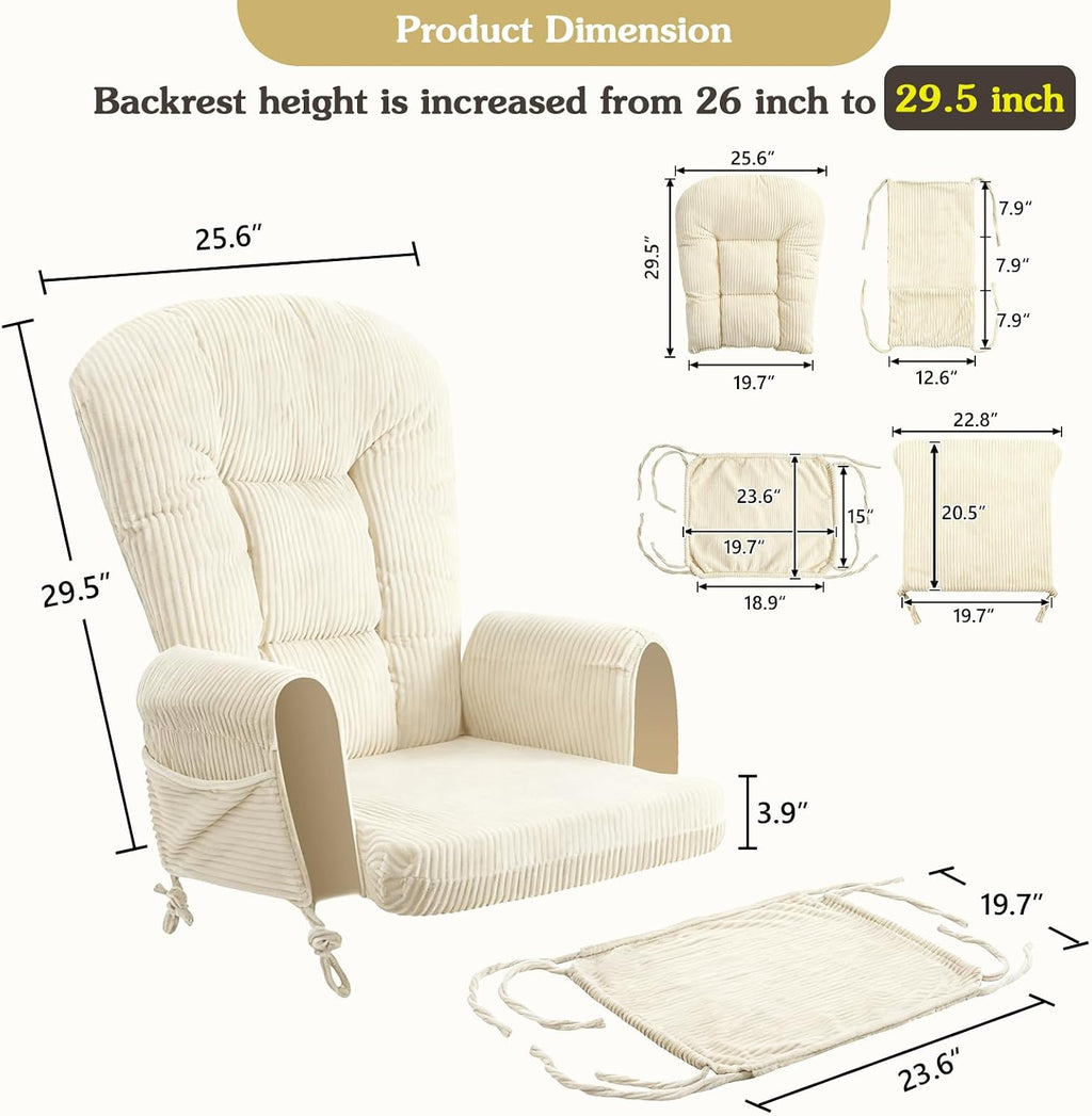 ANMINY 5pcs Glider Rocker Replacement Cushions Set - Thickened Fleece Glider Rocking Chair Cushions with 29.5 inch High Backrest & Side Pockets for Indoor Nursery, Washable & Non Slip, Beige