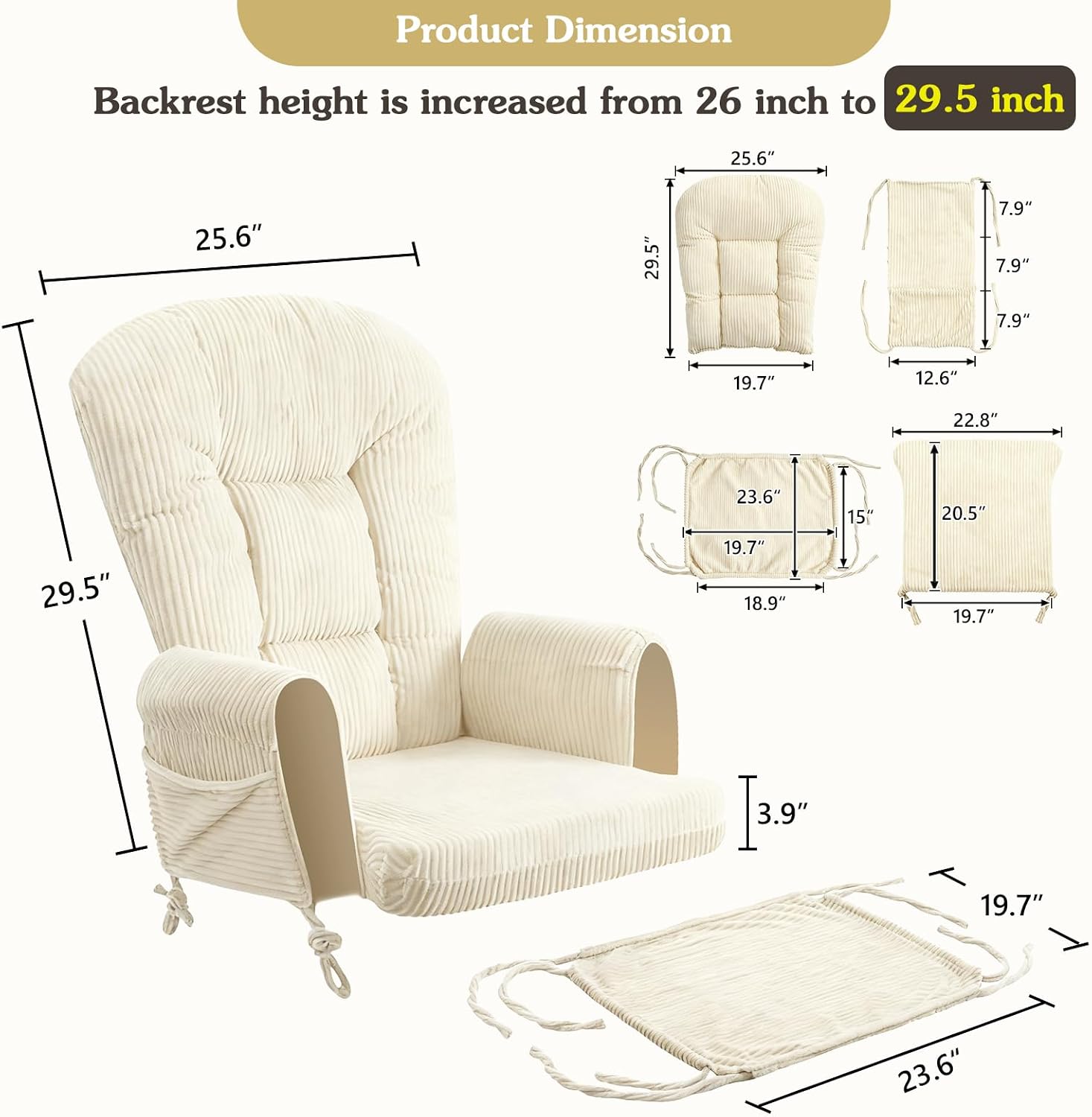 ANMINY 5pcs Glider Rocker Replacement Cushions Set - Thickened Fleece Glider Rocking Chair Cushions with 29.5 inch High Backrest & Side Pockets for Indoor Nursery, Washable & Non Slip, Beige