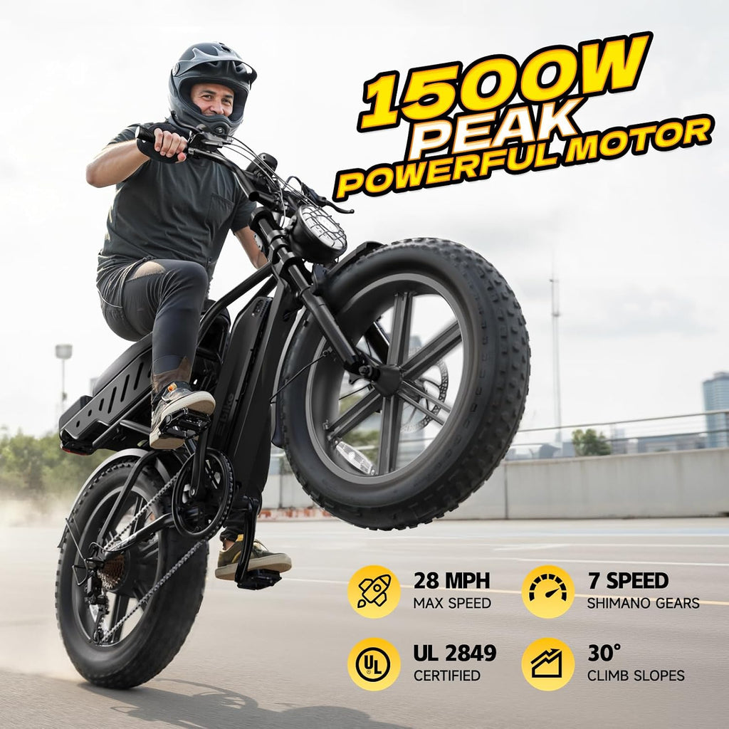 TST Electric Bike for Adults, 1500W Peak Motor 60 Miles Fat Tire Ebike with 48V 15Ah Removable Battery 20' Fat Tire Electric Bike, Dual Suspension，7 Speeds