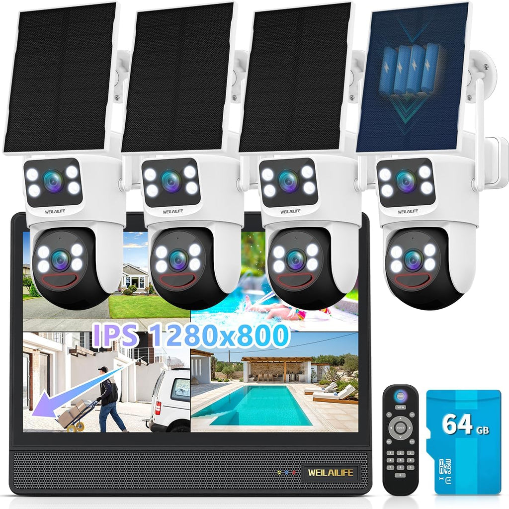 【All-in-One Security System】 Security Cameras Wireless Outdoor, Home WiFi Video Surveillance Systems, Solar Powered PTZ Security Camera System DVR Kits