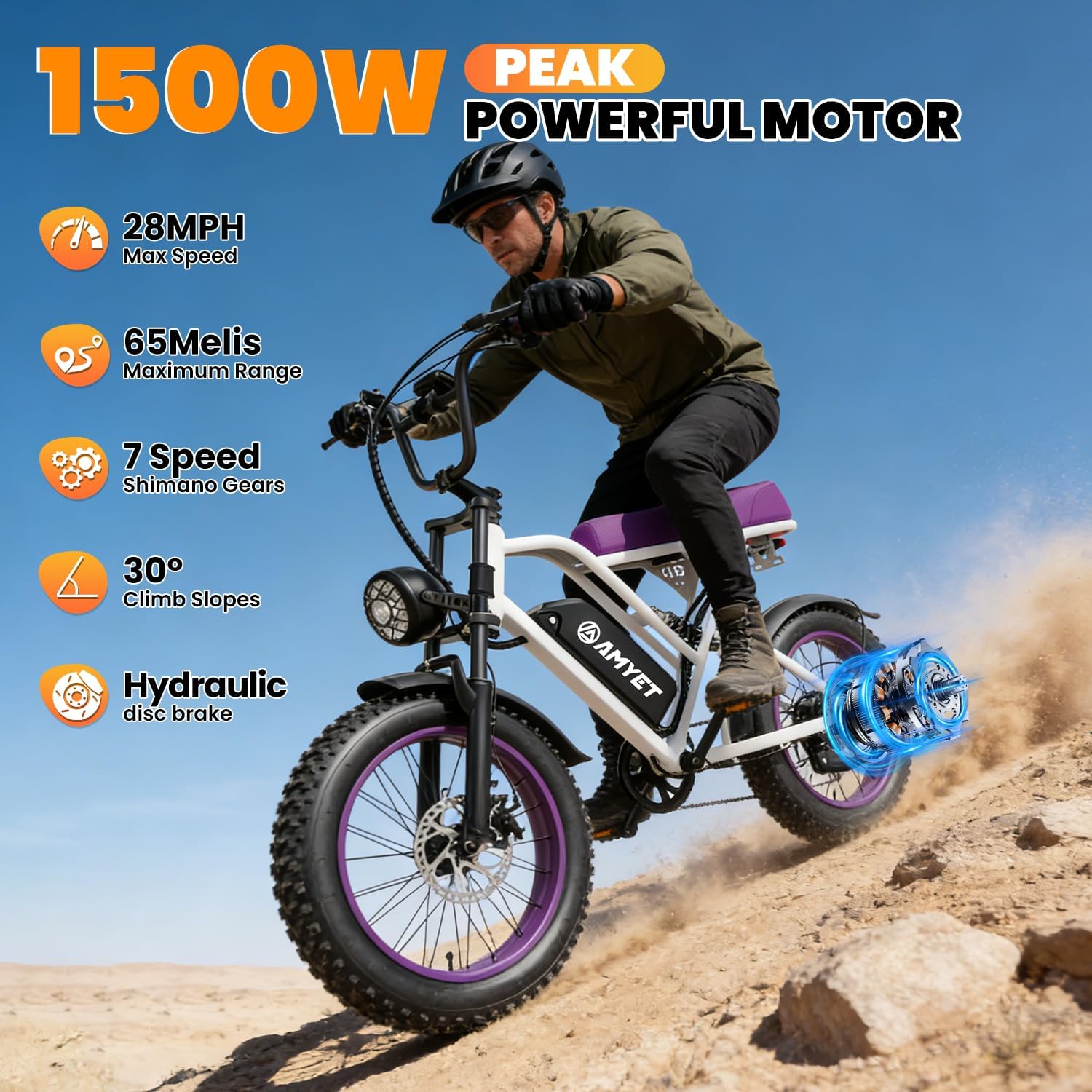 AMYET V9-G60 Electric Bike for Adults, 48V 20Ah(960WH) Ebike with Removable Battery, 20' Fat Tire E Dirt Bike,Dual Shock Absorber, Adults Electric Bike with UL 2849 Certificaed