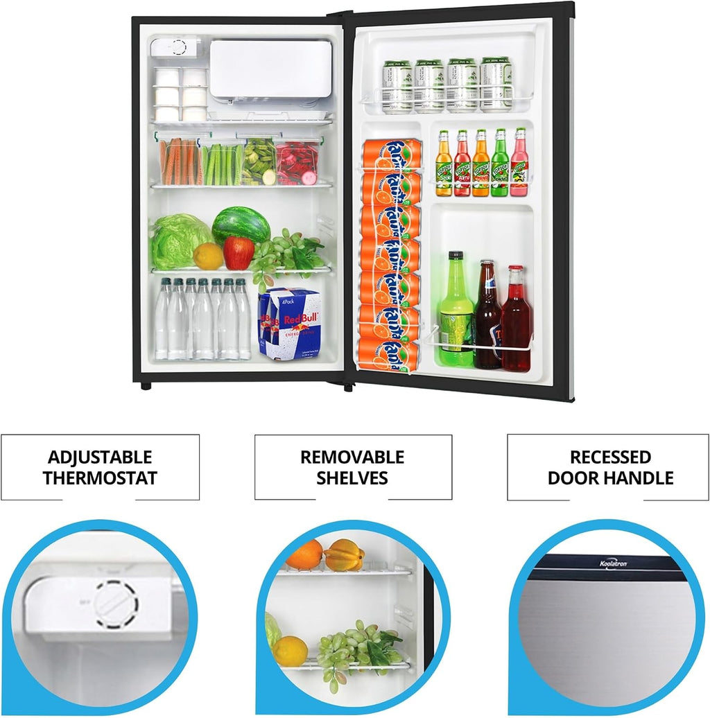 Koolatron Stainless Steel Compact Fridge with Freezer, 4.4 cu ft (124L), Silver and Black, Flat Back, Reversible Door, for Snacks, Frozen Meals, Beverages, Beer, Den, Dorm, Office, Rec Room, Home Bar