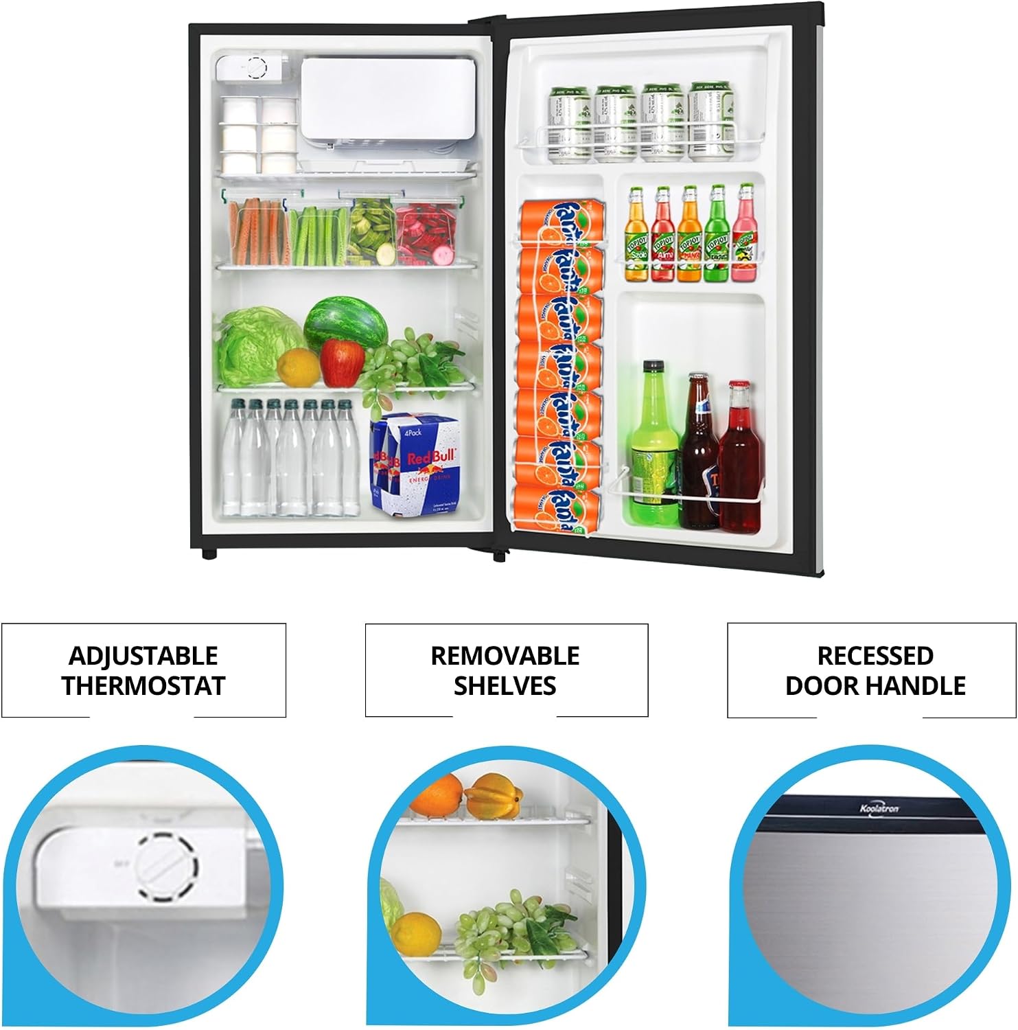 Koolatron Stainless Steel Compact Fridge with Freezer, 4.4 cu ft (124L), Silver and Black, Flat Back, Reversible Door, for Snacks, Frozen Meals, Beverages, Beer, Den, Dorm, Office, Rec Room, Home Bar