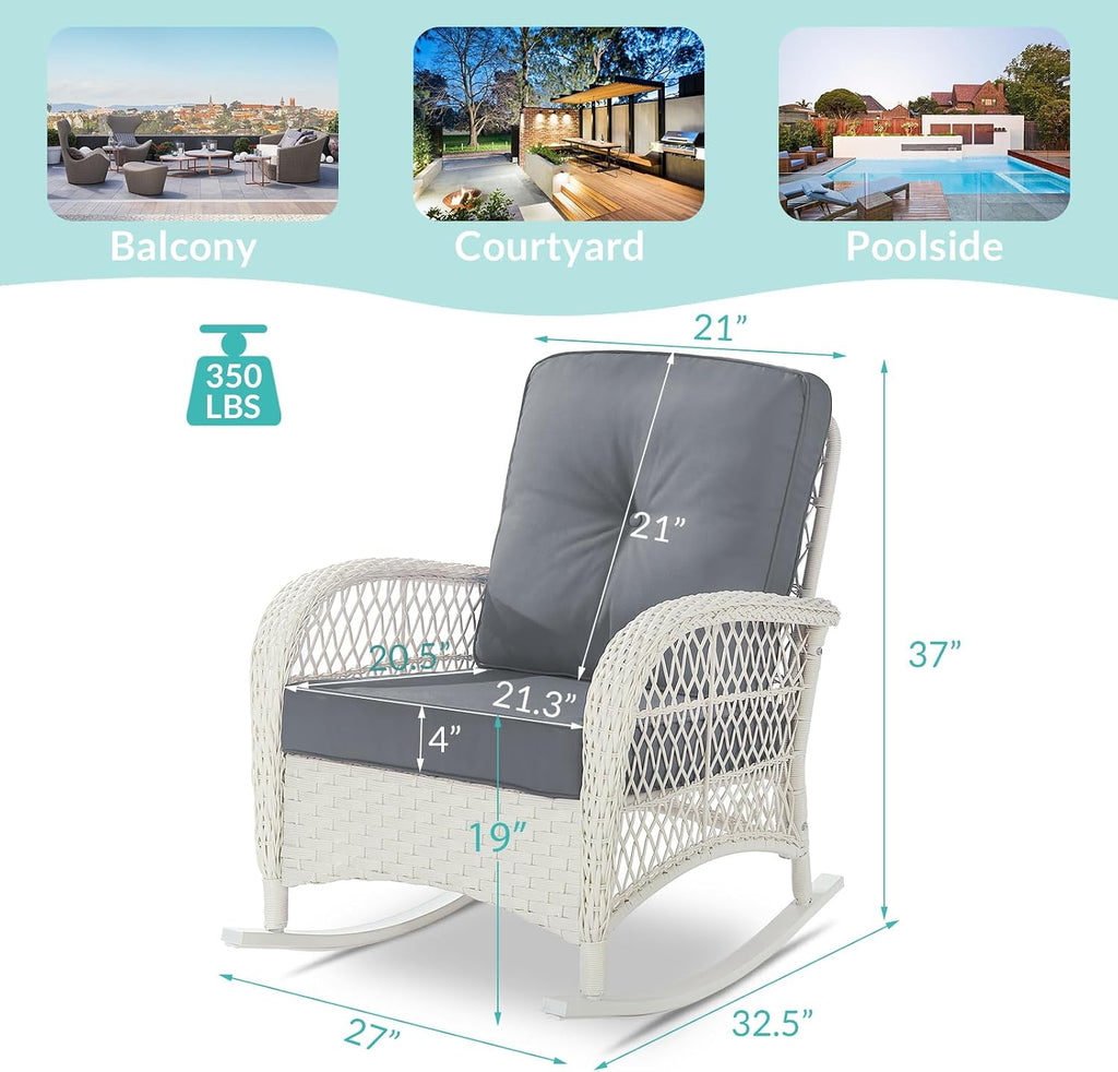 MEETWARM Outdoor Wicker Rocking Chair, Rattan Patio Rocker Chairs with Cushions and High Back, All-Weather Patio Wicker Chair with Safe Rocking Design for Garden Backyard Porch, Cream White/Grey