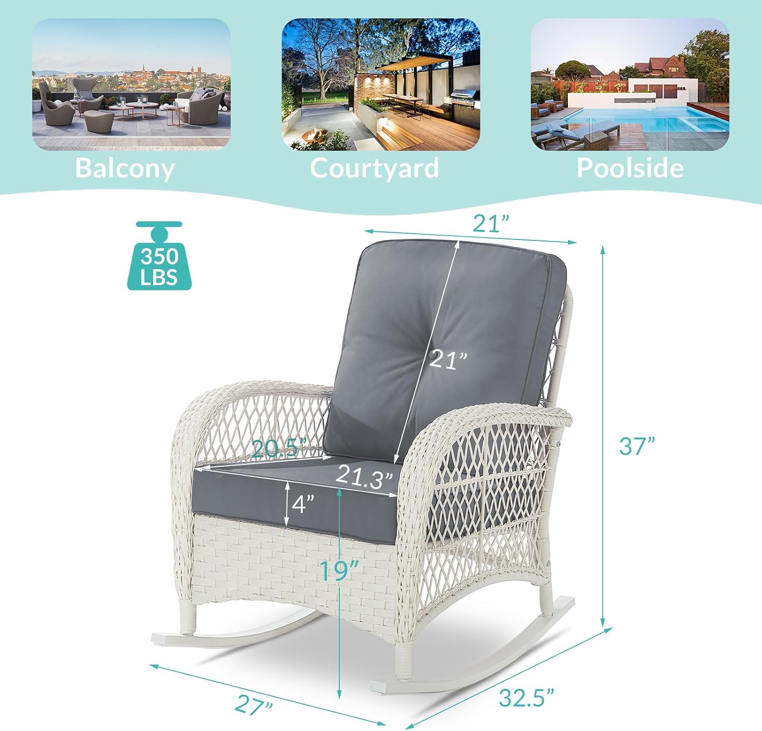 MEETWARM Outdoor Wicker Rocking Chair, Rattan Patio Rocker Chairs with Cushions and High Back, All-Weather Patio Wicker Chair with Safe Rocking Design for Garden Backyard Porch, Cream White/Grey