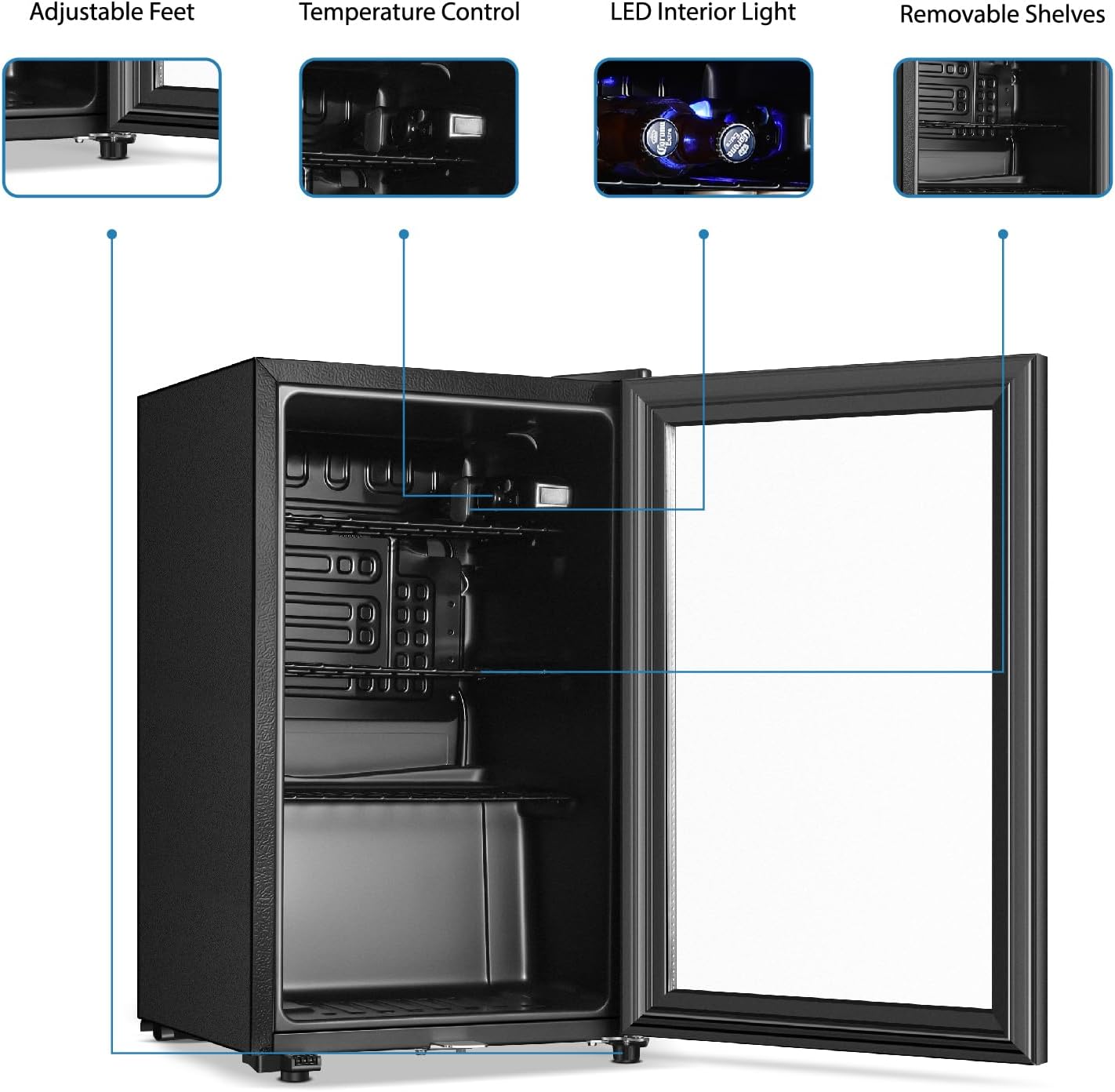 Saeoola Beverage Refrigerator, 2.3Cu.ft Mini Fridge with Double Glass Door, Cooler for Soda, Beer or Wine for Home, Office or Bar with Adjustable Removable Shelves (Black)
