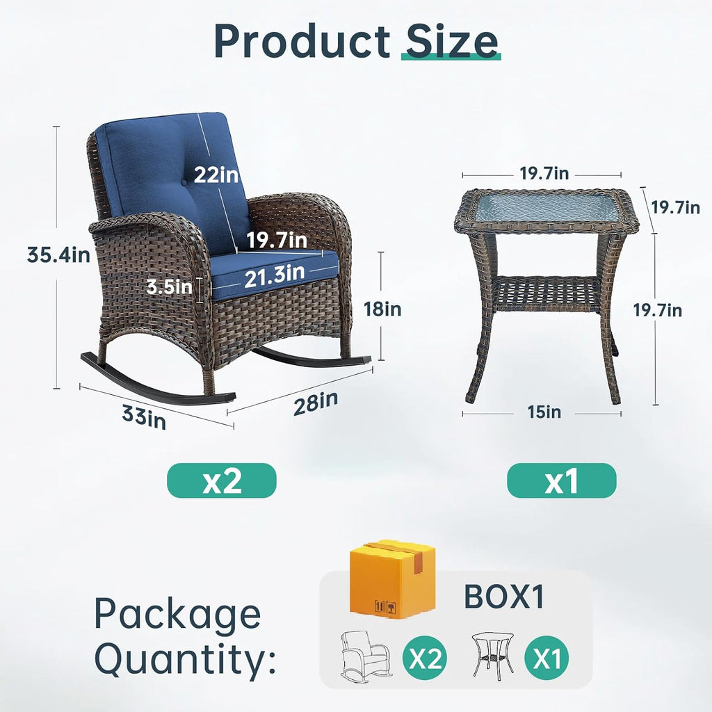 Patio Rocking Chair - 3 Peices Outdoor Wicker Rocker Porch Chair Set with Tempered Glass Side Table, 300 Lb Weight Capacity Rattan Seating for Balcony Garden Brown-Blue