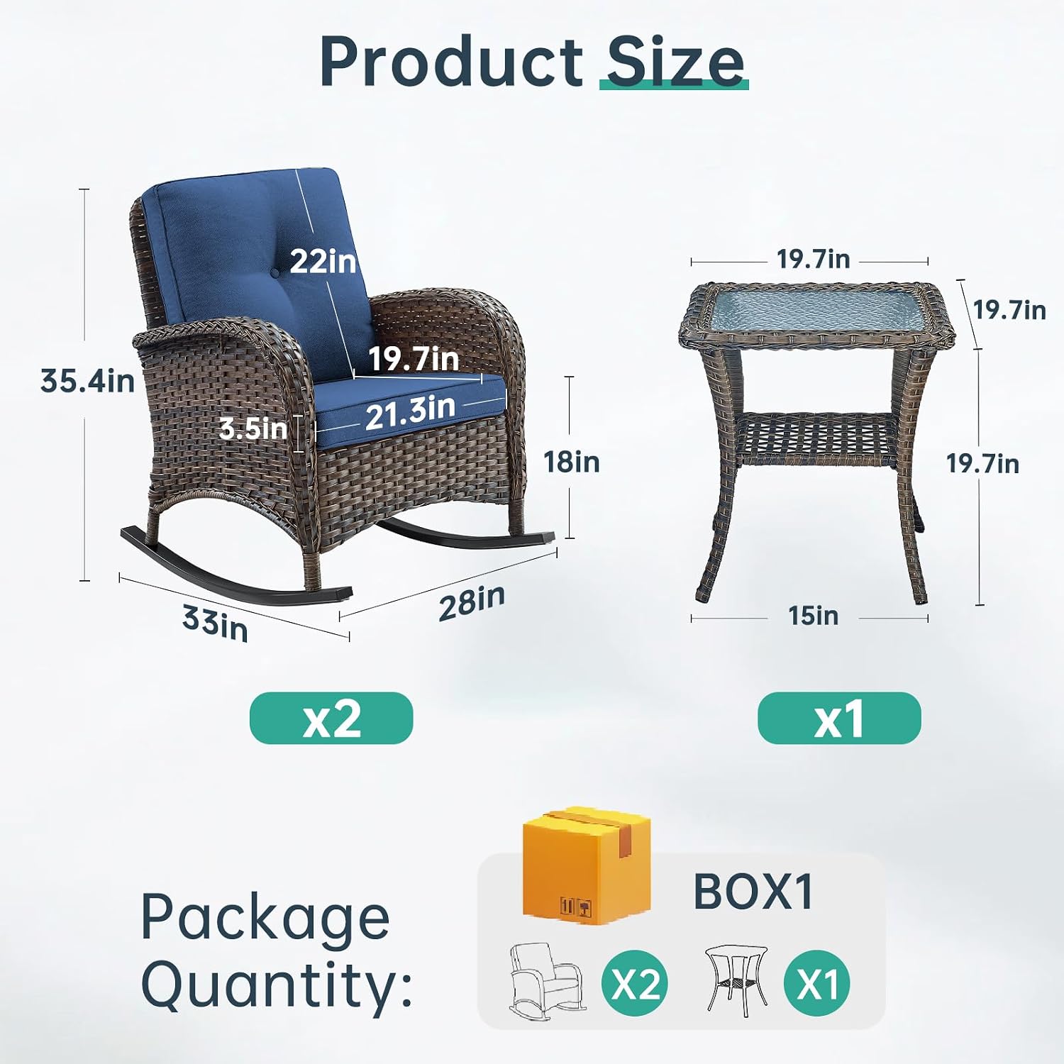 Patio Rocking Chair - 3 Peices Outdoor Wicker Rocker Porch Chair Set with Tempered Glass Side Table, 300 Lb Weight Capacity Rattan Seating for Balcony Garden Brown-Blue