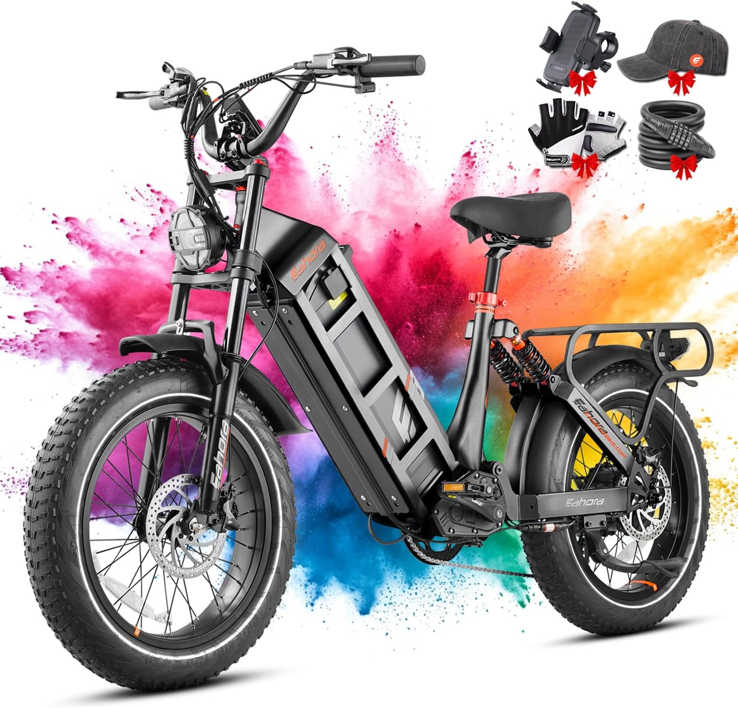 eAhora Juliet Pro 2 EBike - Dual Motor 5400W/1200W 30-43MPH 60V 70Ah 200Mile Long Range Electric Bike for Adults, 20'' Fat Tire Fast Electric Mountain Bike Full Suspension Electric Bicycle