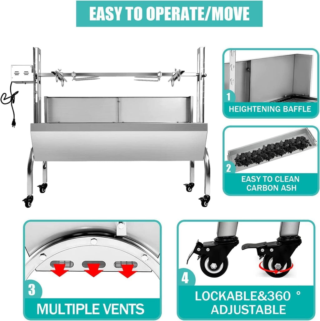 bbq rotisserie grill roaster charcoal roast machine charcoal bearing lamb spit roaster hog roasting machine for outdoor picnic camping height-adjustable (88LBS with baffle)