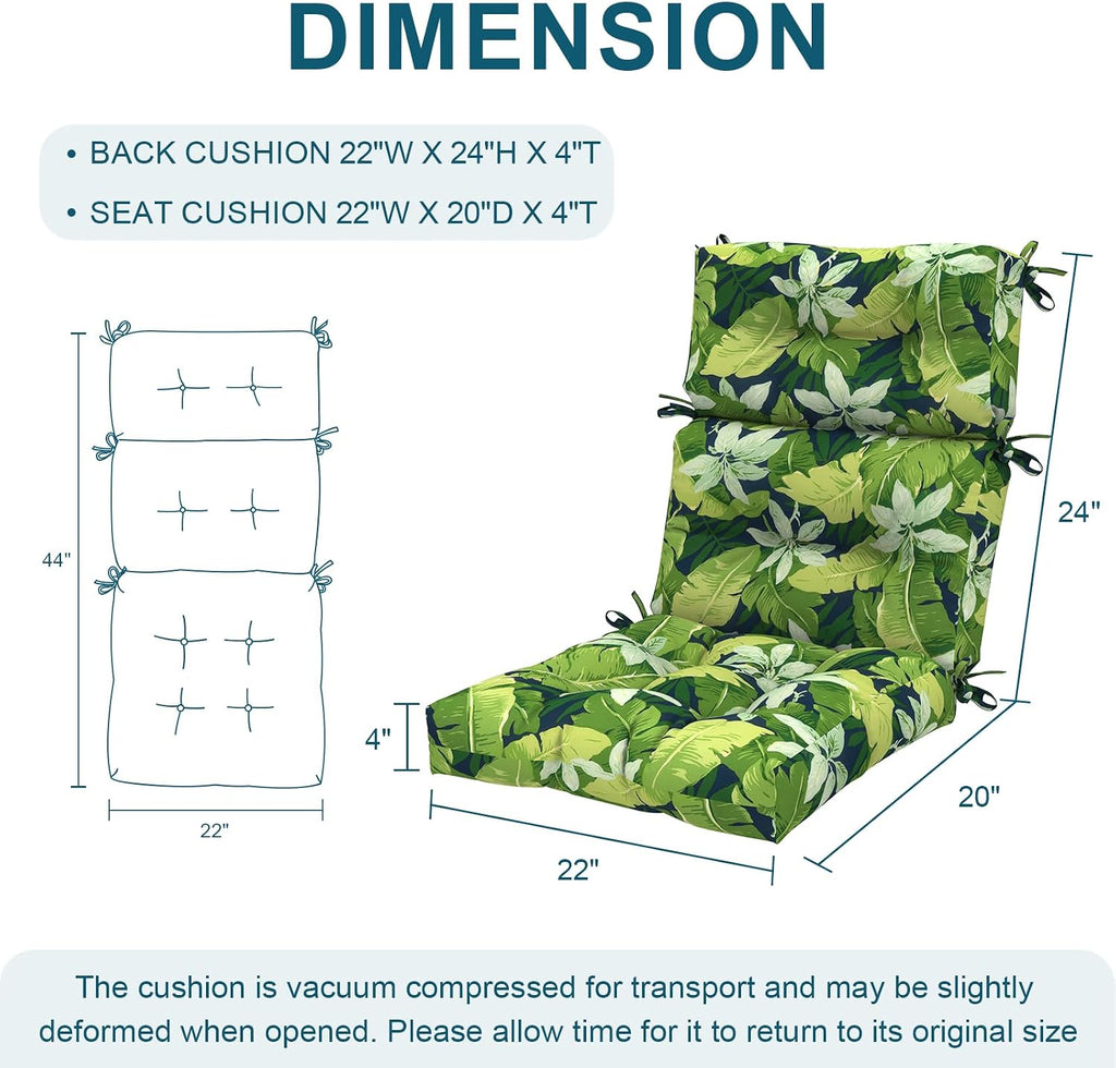 DYTXIII Outdoor High Back Chair Cushions Set of 2, Water Repellent Tufted Rocking Seat Cushions Replacement 44 x 22 Inch, Seat & Back Chair Pads for Patio, Balcony and Indoor Use -Jungle Leaves
