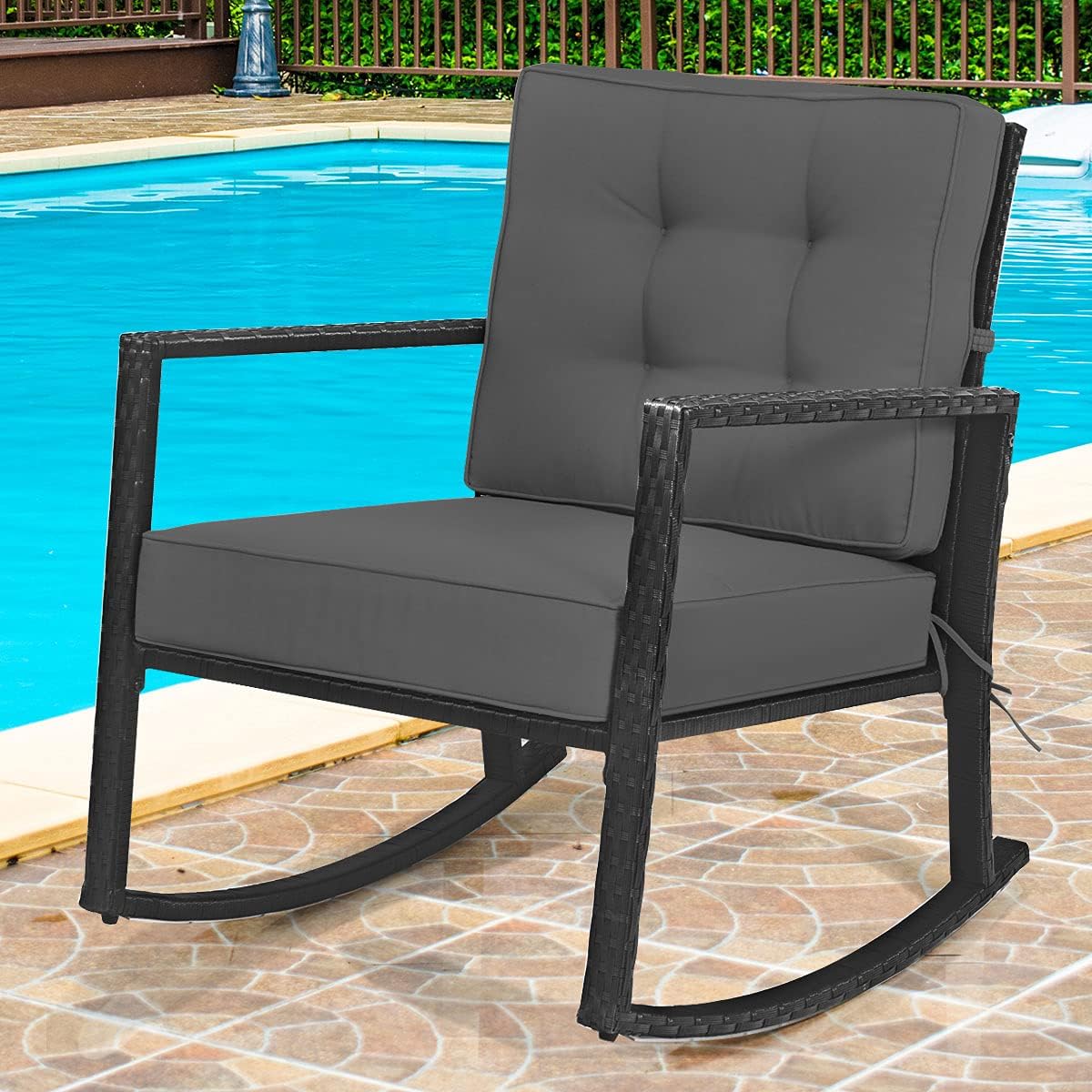 HAPPYGRILL Wicker Rocking Chair, Outdoor Patio Glider Chair with Heavy-Duty Frame, Thick Cushion, Rattan Rocking Chair for Backyard Garden Porch