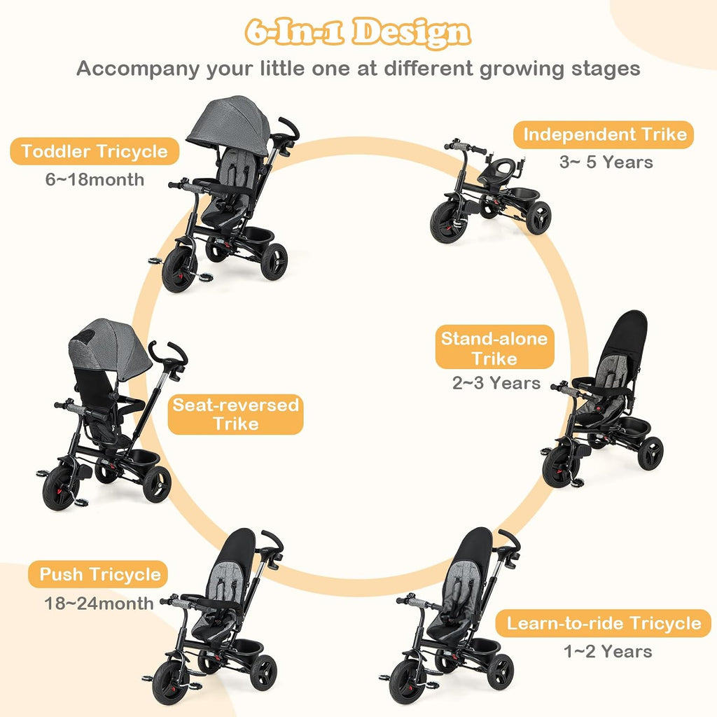 HONEY JOY Tricycle, 6 in 1 Kids Trike Stroller w/Adjustable Push Handle & Canopy, Reversible Seat, Safety Belt, Folding Pedal, Cup Holder, Storage, Push Tricycle for Toddlers 9 Months-5 Years (Gray)