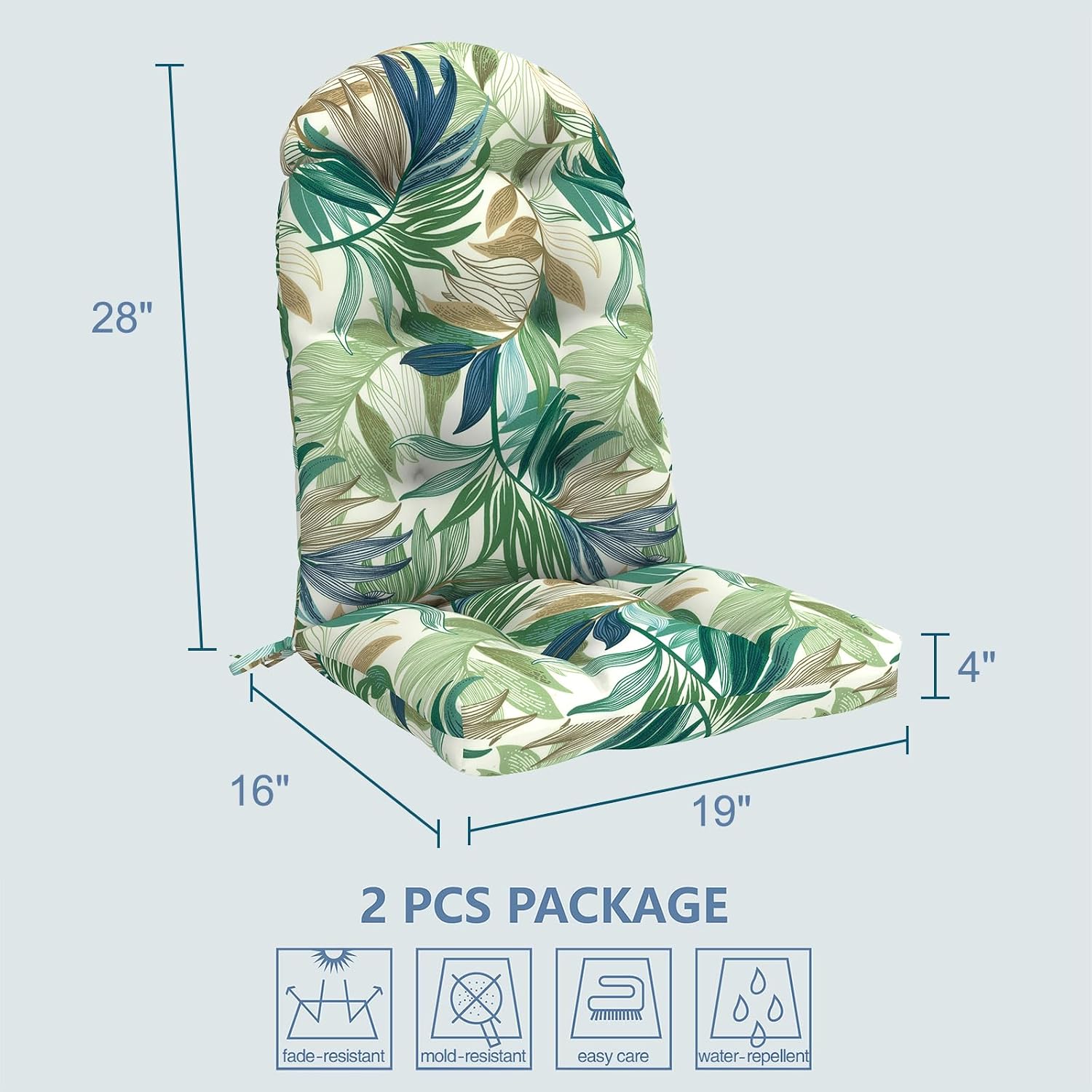 LVTXIII 2 Pack Outdoor Adirondack Chair Cushions, 44x19x4 Inch Water Repellent Patio Cushions for Rocking Chairs, Thick Tufted High Back Seat Cushion Set, Lush Leaf Green