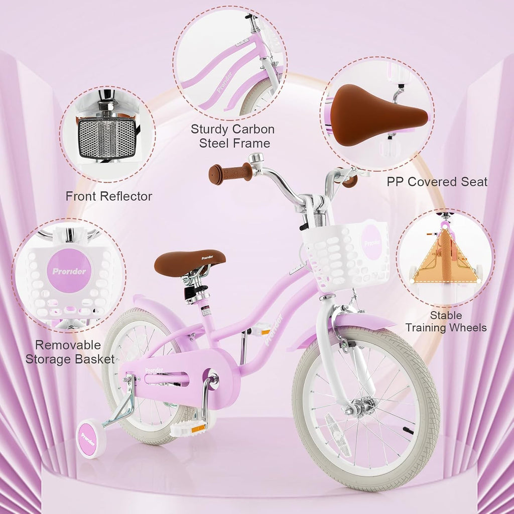 BABY JOY Kids Bike, 12 14 16 18 20 Inch Boys Girls Bike w/Adjustable Seat, Removable Basket, Handbrake & Coaster Brake, Training Wheels or Kickstand, Kids Bicycle with Multi-Color