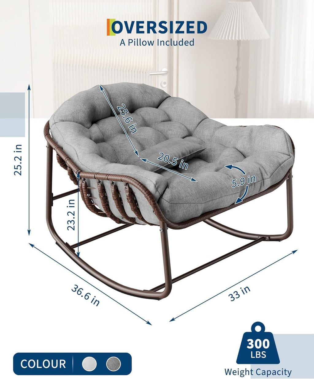 DEXSO Oversized Outdoor Papasan Rocking Chair - Metal Frame, Cushion & Wicker Rattan, for Balcony, Backyard, Porch, Bedroom (Grey)