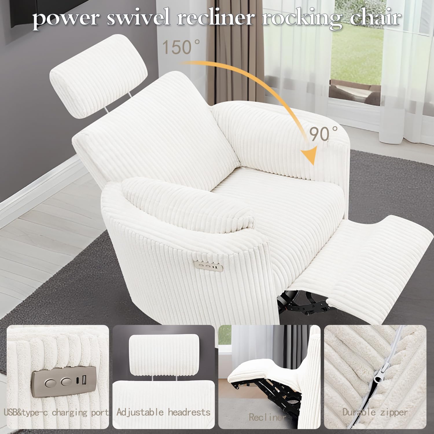 Zenosyne Power Swivel Recliner Rocking Chair Nursery Glider Rocker with Headrest, USB and Type-c Port, Corduroy Electric Reclining Sofa Chair Arm Chair for Living Room (White)