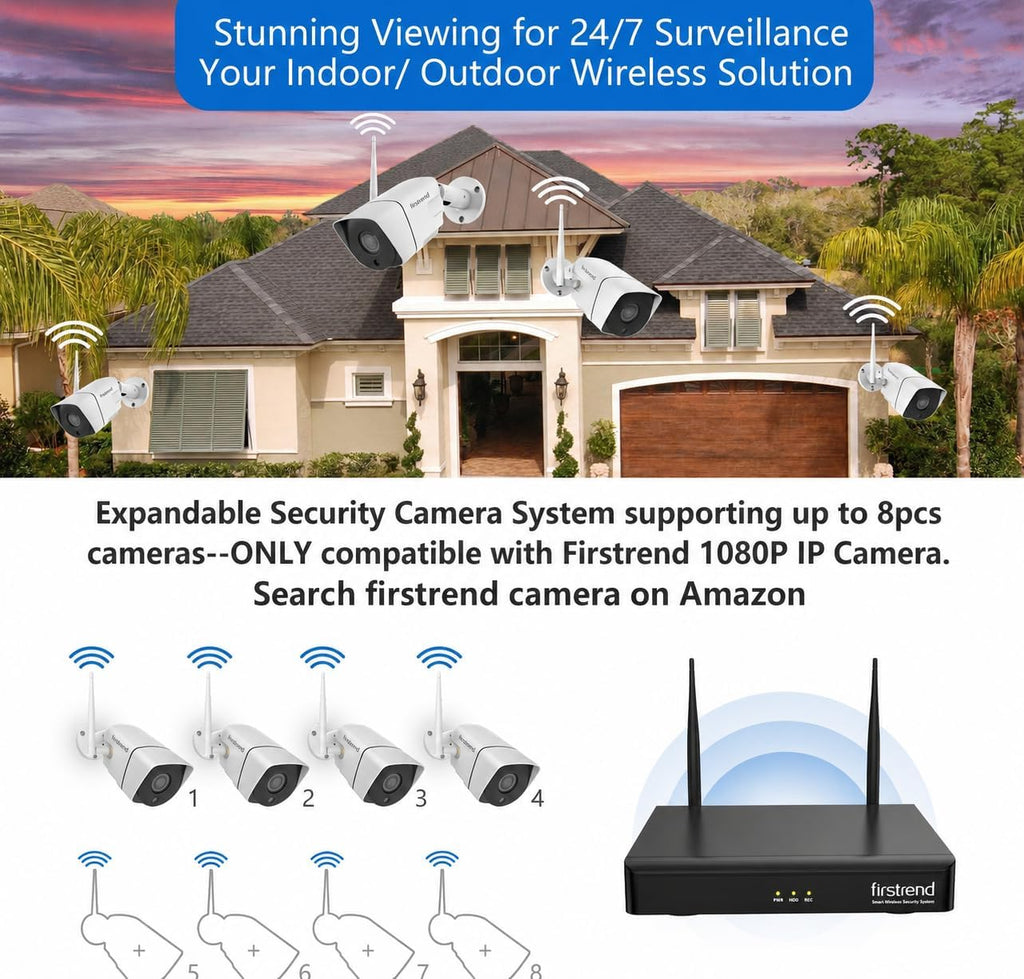 Wireless Security Camera System, Firstrend 8CH 1080P Wireless NVR System with 4 pcs 2MP IP Security Camera with 65 ft Night Vision and Easy Remote View,P2P CCTV Camera System(No Hard Drive)