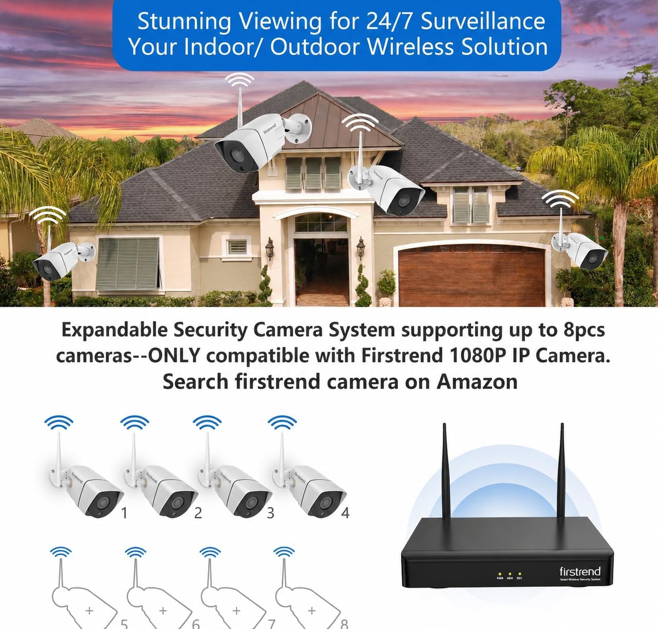 (2026 New) Firstrend WiFi Wireless Security Camera System, 8Ch NVR with 8 CCTV Bullet Cameras & 3TB HDD, No Monthly Fees, AI Human Detection, 2-Way Audio, IP66 Waterproof, H.265, 24/7 Recording