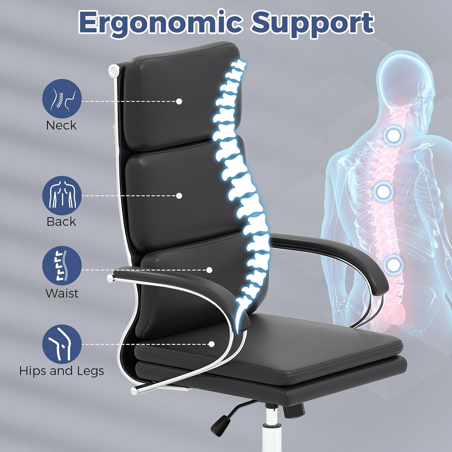 COSTWAY Ergonomic Leather Office Chair, High Back Executive Computer Chair w/Adjustable Height & Rocking Function, Adjustable Lumbar Support, Cushioned Seat, Padded Armrests for Home Office