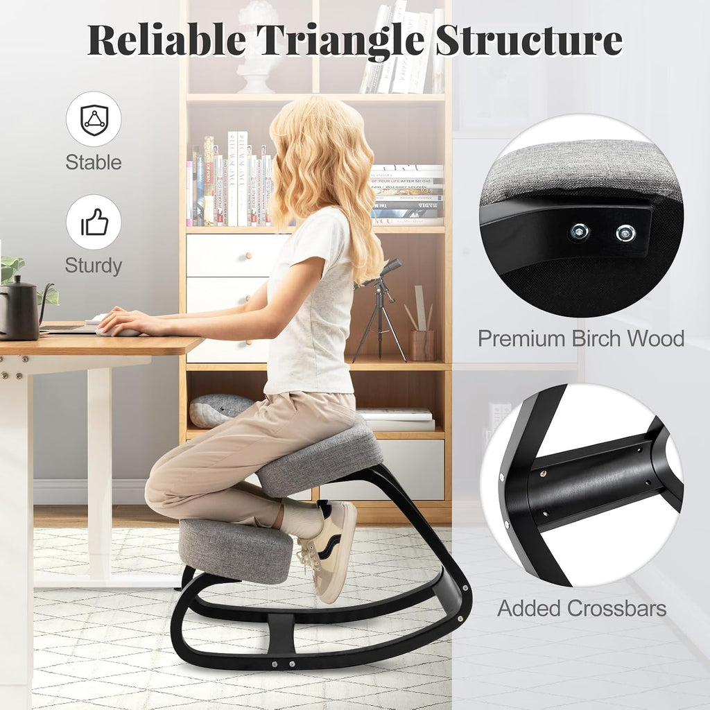 Giantex Ergonomic Kneeling Desk Chair, Upright Posture Chair with Cushion & Solid Wood Frame, Natural Relief for Neck or Back Pain, Wooden Knee Chair for Home Office (2)