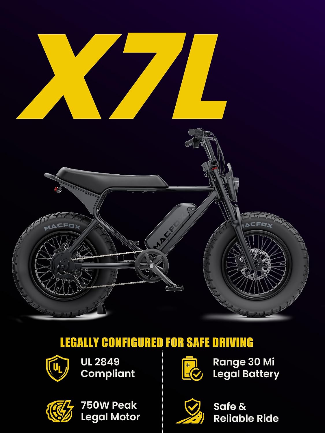 MACFOX X7 Electric Bike for Adults, 750W EBike with Hydraulic Brakes, 48V 13Ah Removable Battery 30 Mile Range, Upgraded 20x5.0 Rear Fat Tire for School/City/Town Commuting (UL2849 & Class-2)