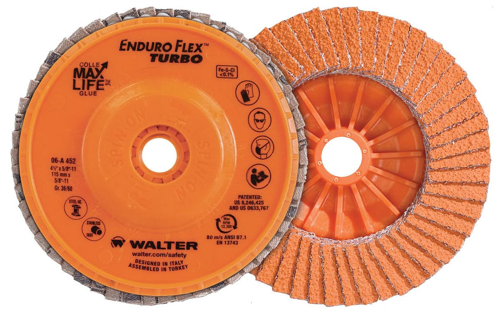 Walter 06A452 Enduro-Flex Turbo Abrasive Flap Disc [Pack of 10] - 36/60 Grit, 5 in. Grinding Disc with Threaded Arbor Hole. Abrasive Grinding Supplies