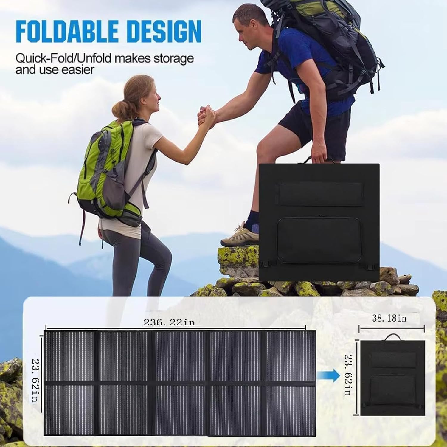 1000W Portable Solar Panel, 72V Foldable Solar Panel 25.8% High Efficiency IP68 Waterproof with 10ft 4-in-1 Cable and 10×DC Adapter for Power Station Camping RV
