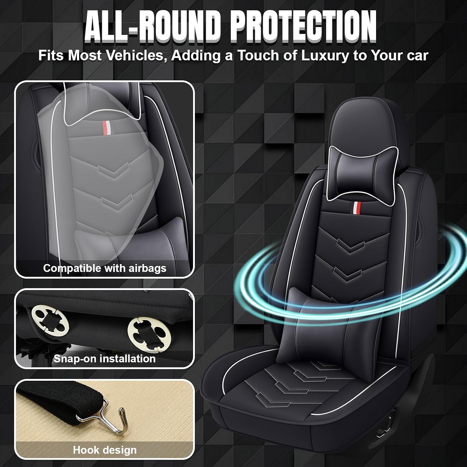 Car Seat Covers Fit for Buick Enclave 2008-2025, Leather Seat Covers for Car, Waterproof Non-Slip Durable Car Seat Protector(5 Seats with Pillow,Black White)