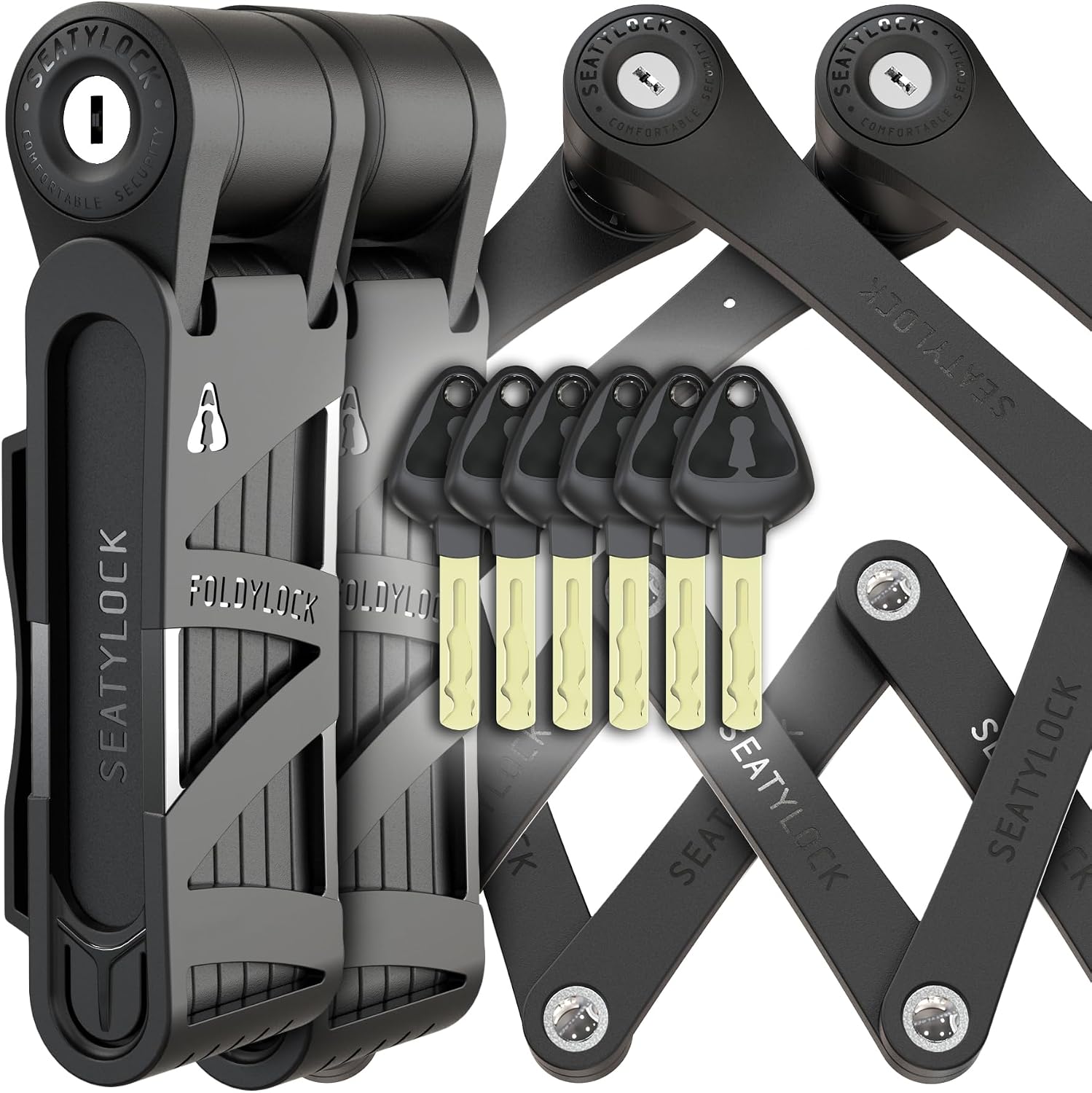 Seatylock FoldyLock Compact Folding Bike Locks - Set of 2 Matching Bike Locks with 6 Identical Keys - Patented Lightweight Heavy Duty Anti Theft with Carrying Cases for Bicycles and E-Bikes