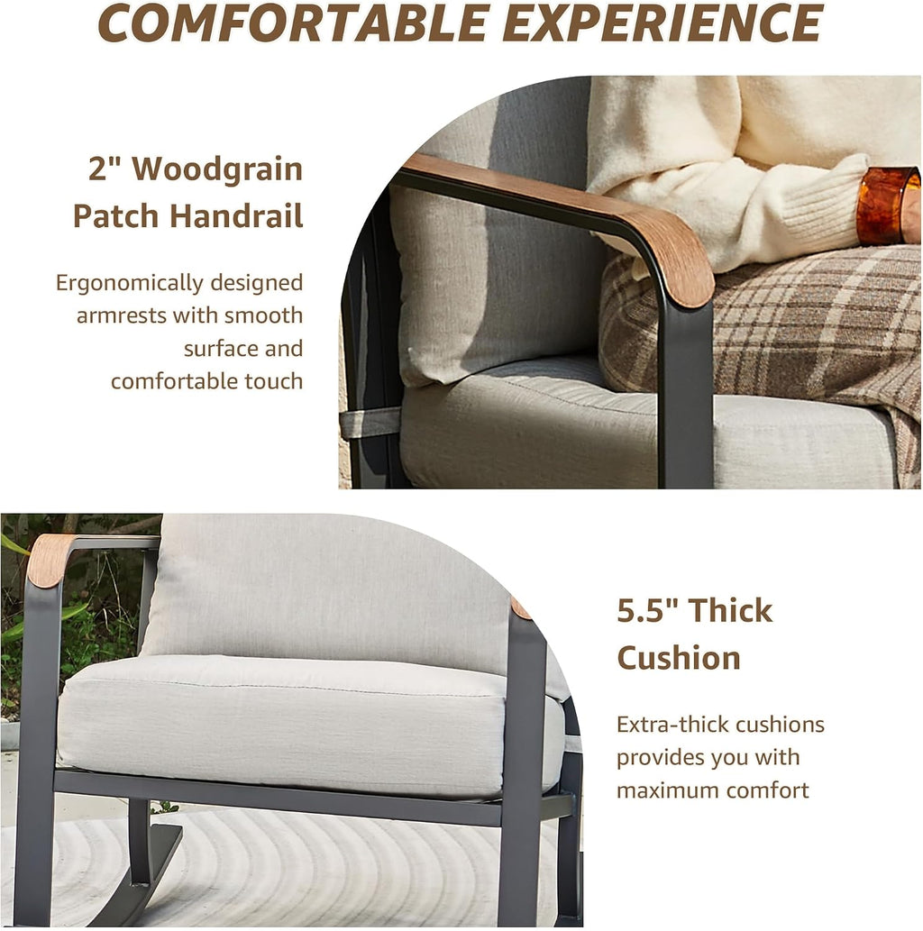 NATURAL EXPRESSIONS Glider Rocking Chair Bistro Set, 3 Pieces Outdoor Patio Furniture Conversation Set with 2 Rocker Chairs, 1 Table and Thick Cushions for Backyard, Porch, Balcony, 350lbs, Grey.