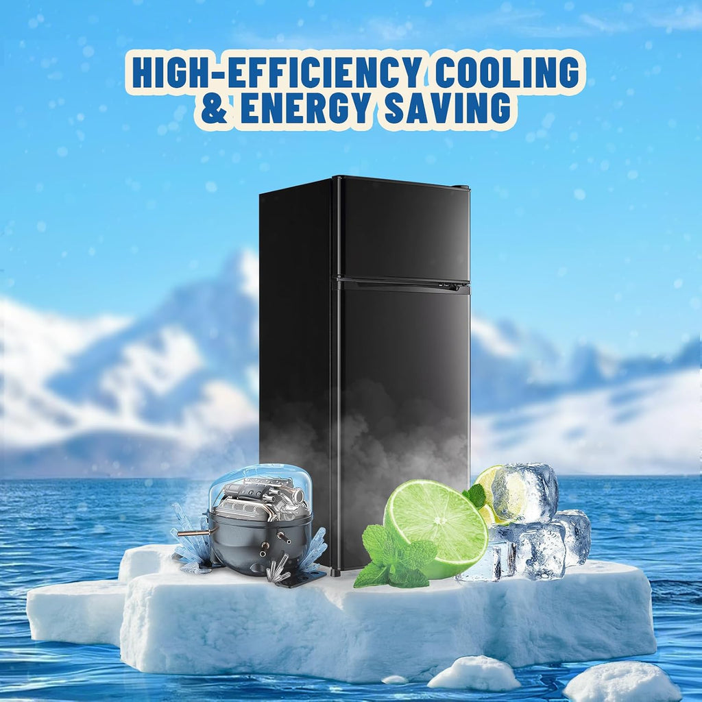 DEMULLER 4.5 CU.FT Capacity Compact Refrigerator with Freezer Double Door Mini Fridge Small Apartment Refrigerator with 7 Adjustable Temp Control & 3 Glass Shelves for Kitchen Office Dorm Black